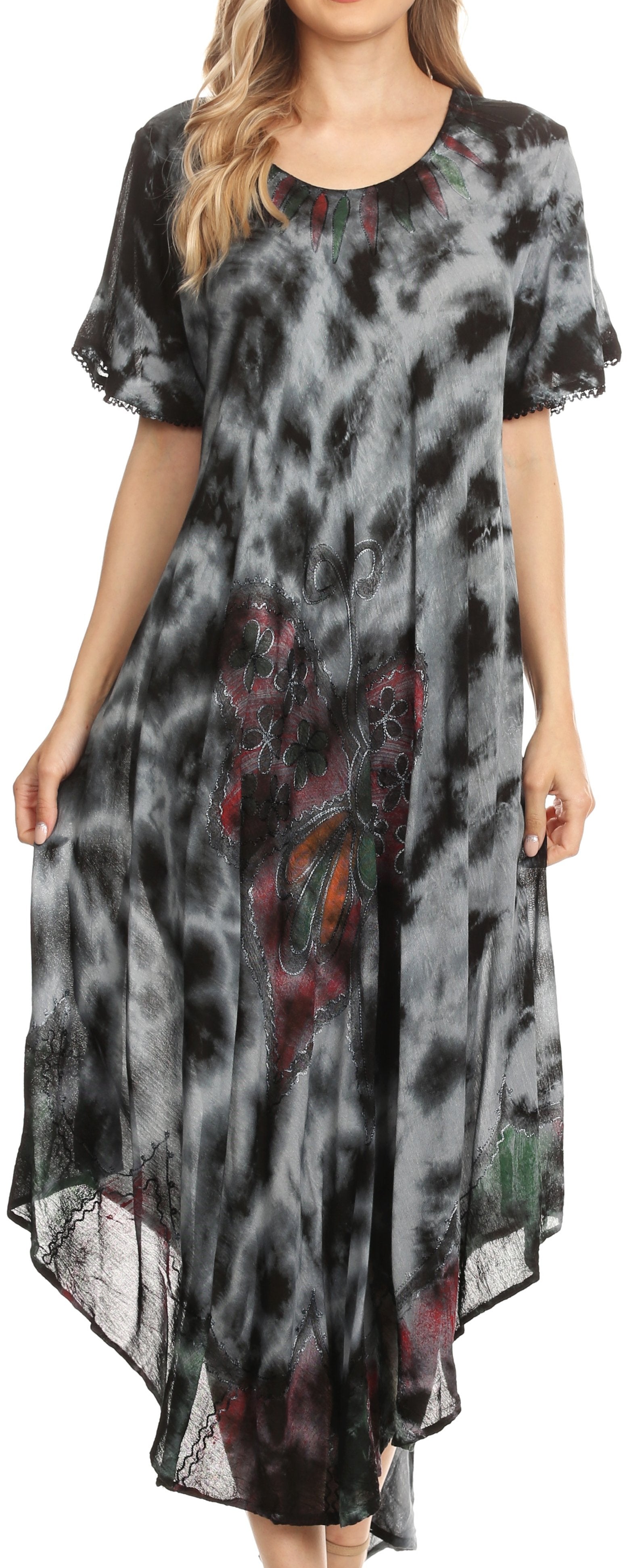 Long, patterned dress with a mix of black, gray, and multicolor design.