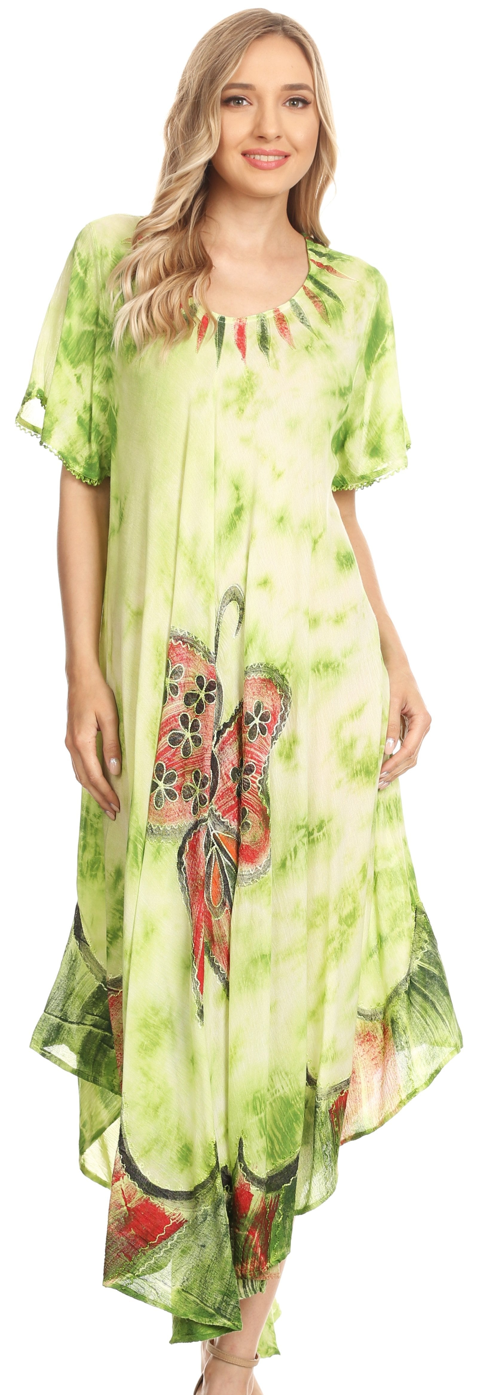 Woman wearing a green dress with butterfly design on a white background