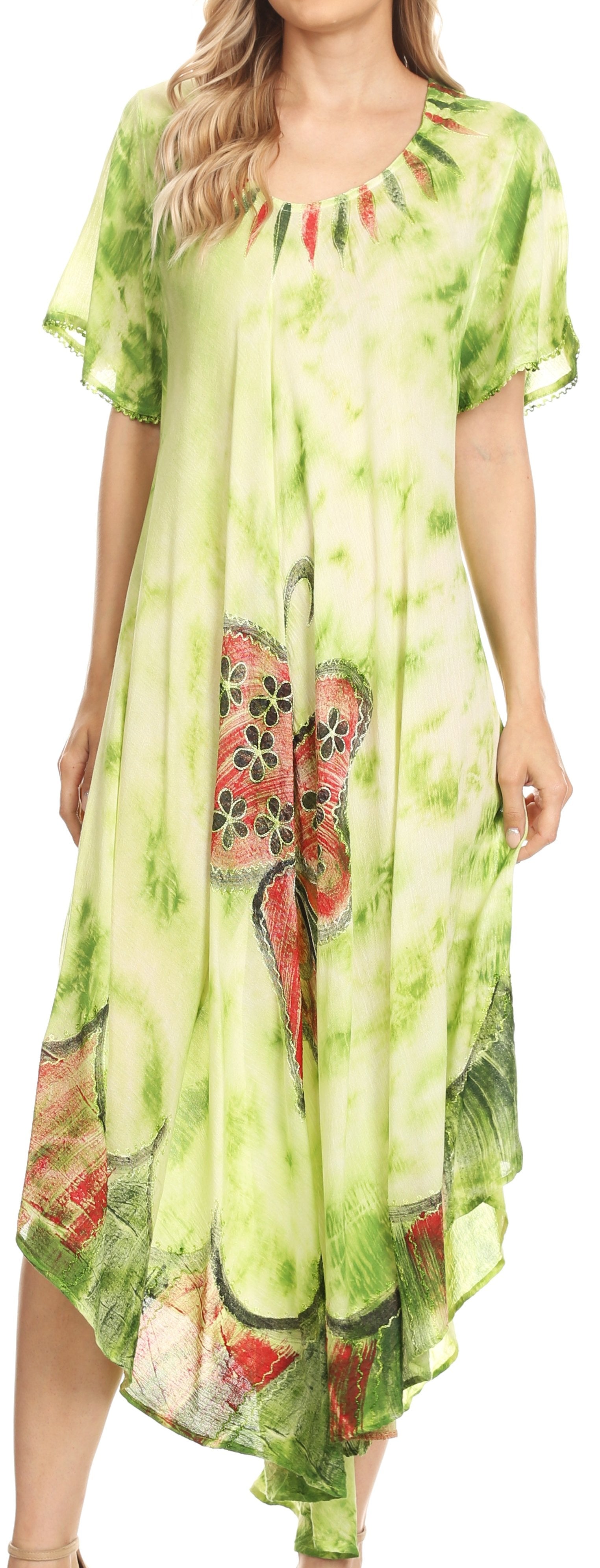 Green tie-dye dress with butterfly design worn by a model