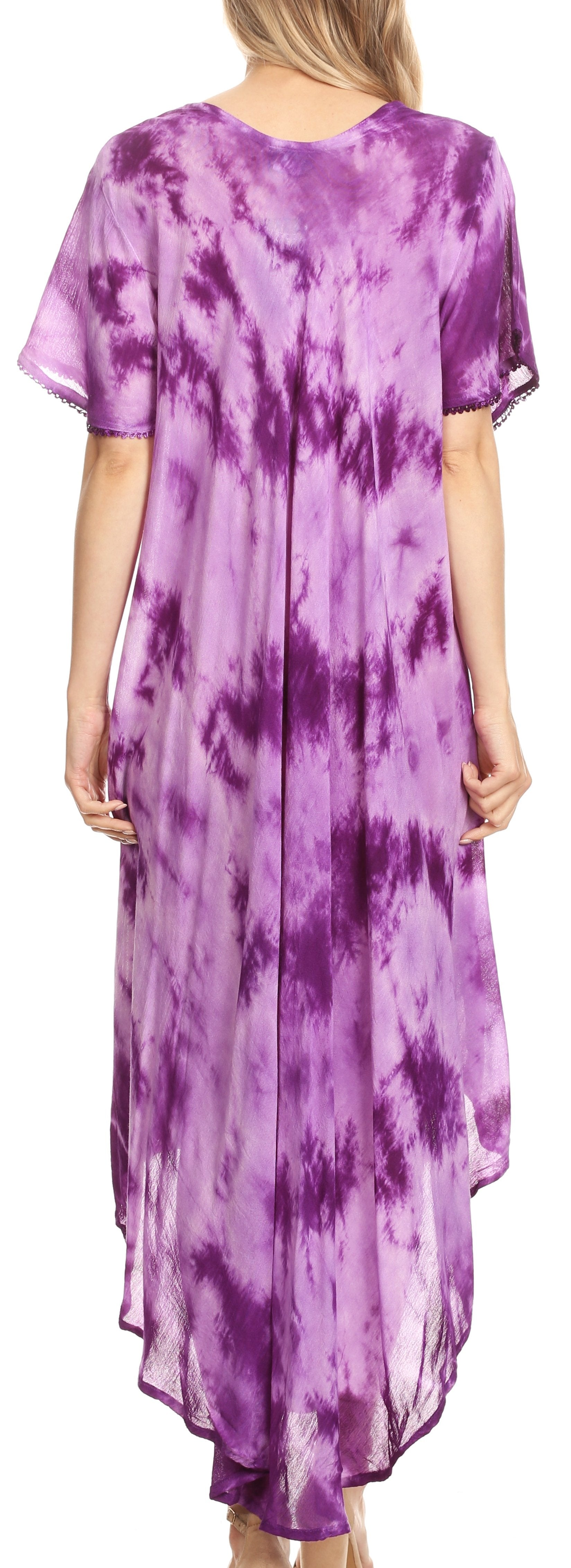 Purple tie-dye dress worn by a person on a white background