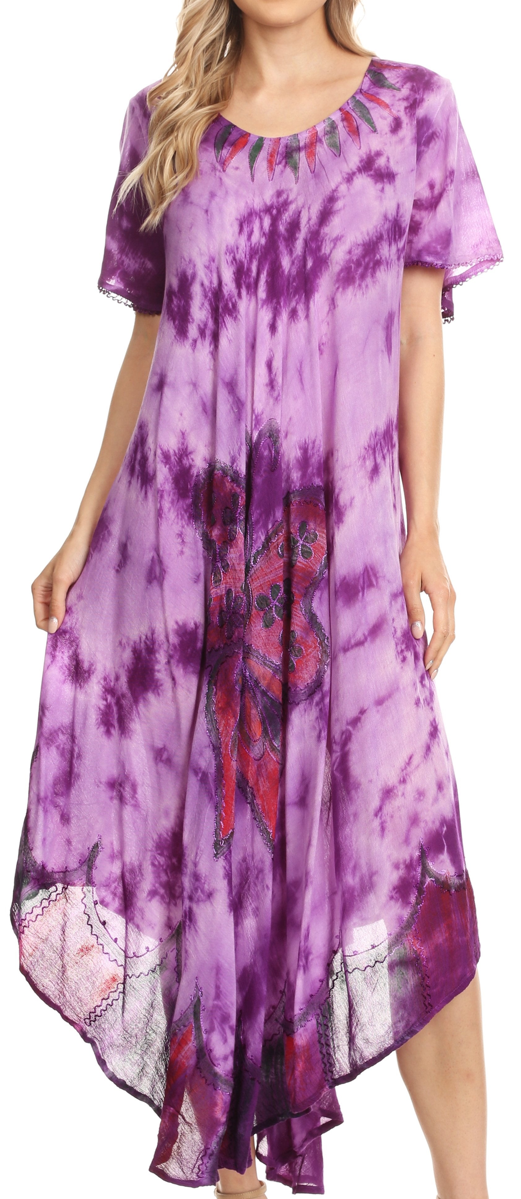 Purple tie-dye dress with a high-low hemline on a white background
