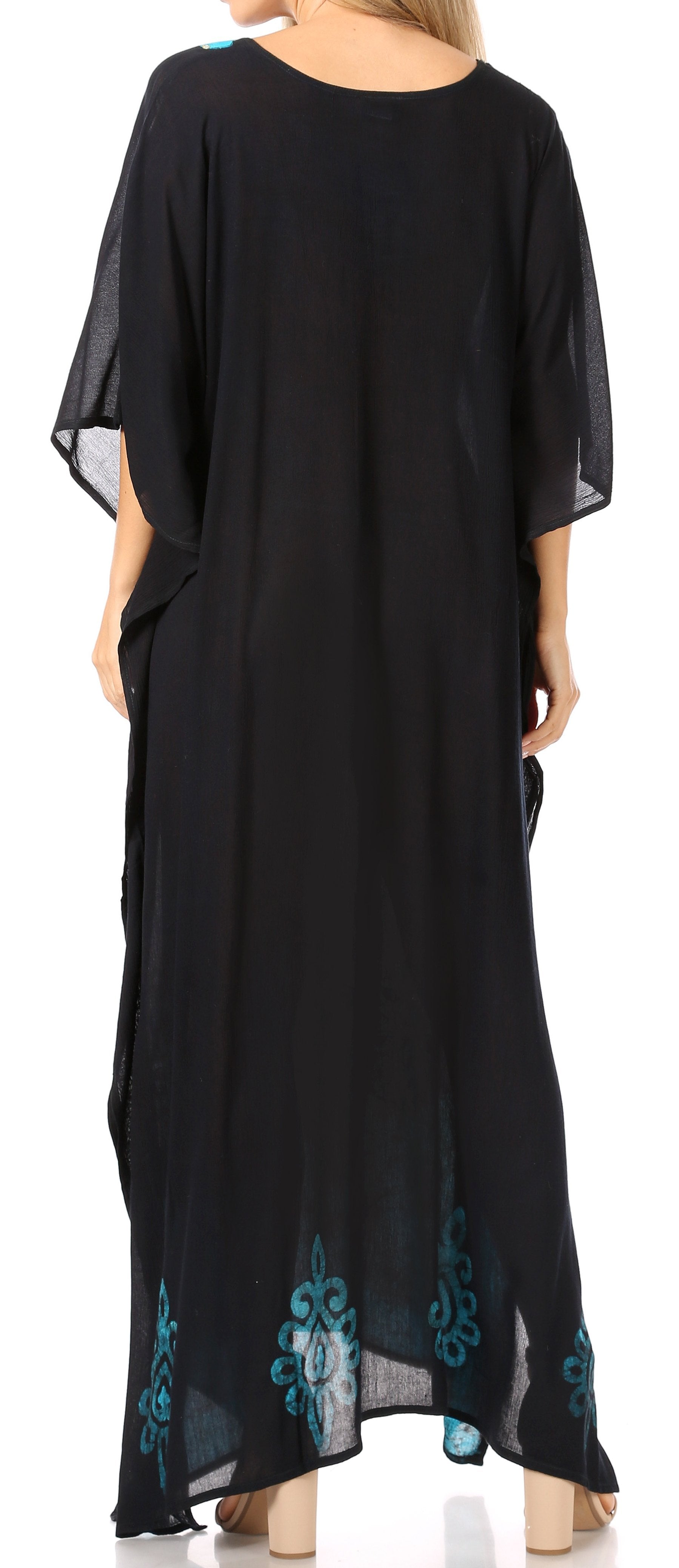 Black caftan with teal embroidery on a white background