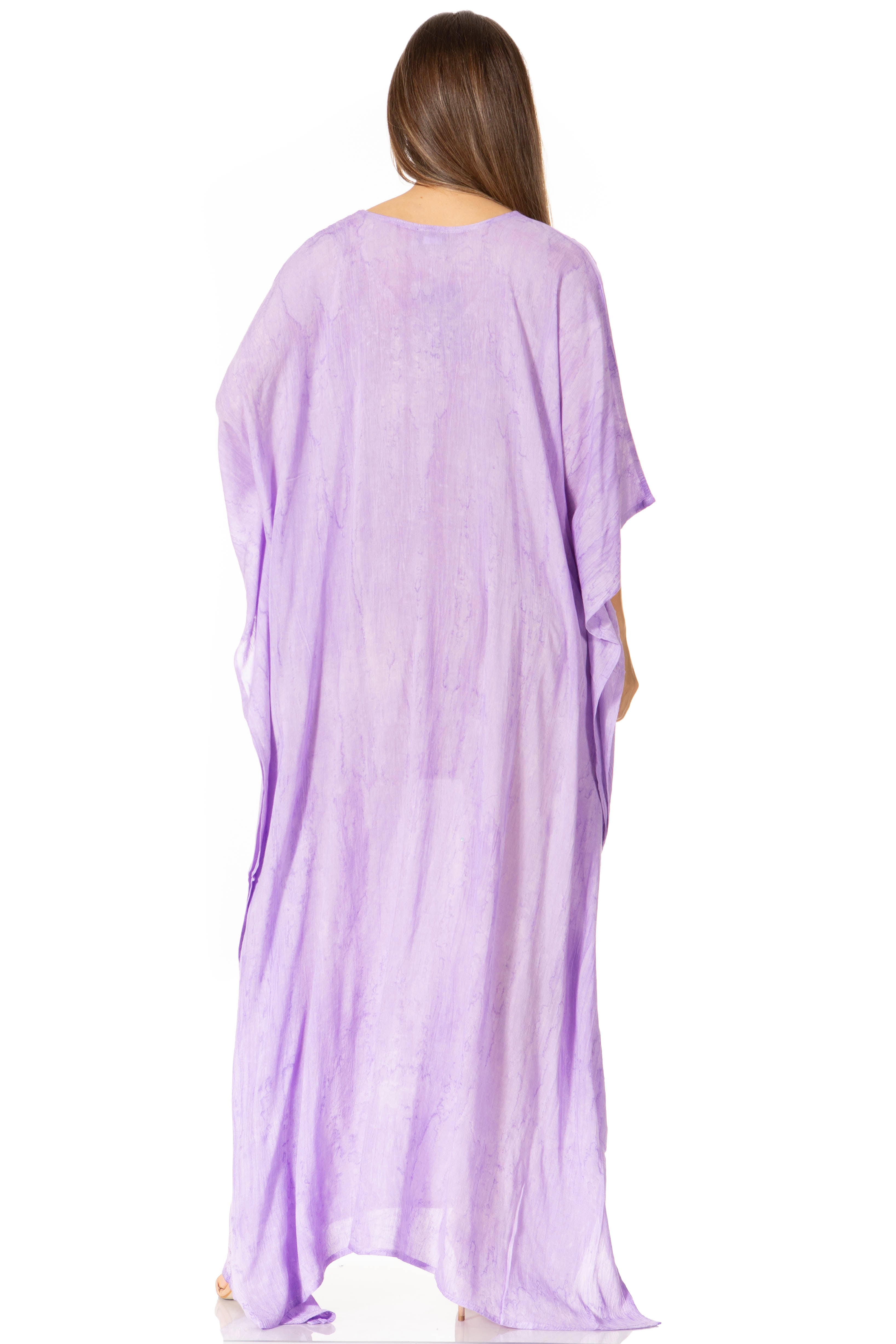 Lavender caftan worn by a model on a white background