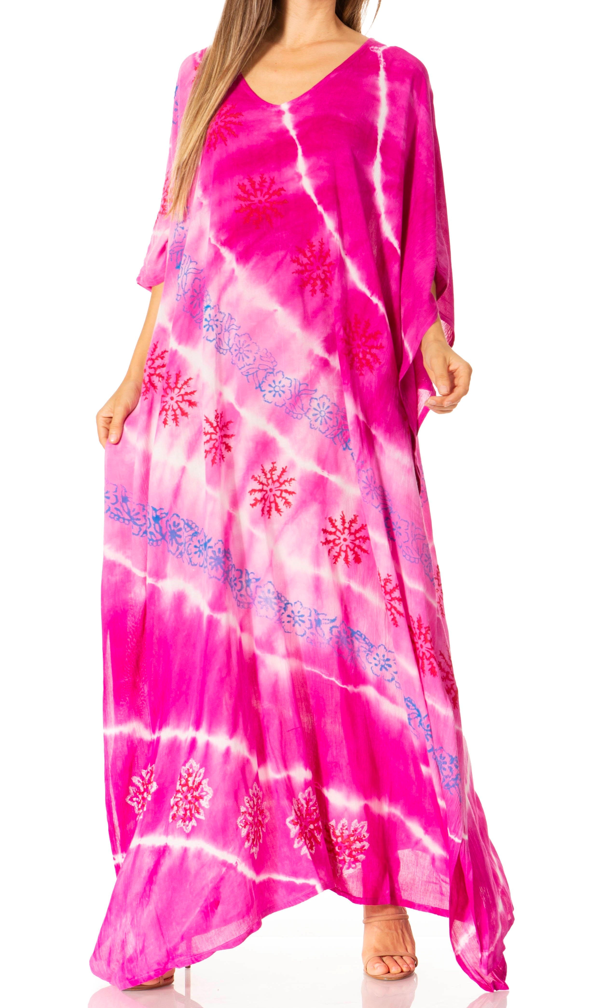 Pink tie-dye dress with floral patterns on a white background