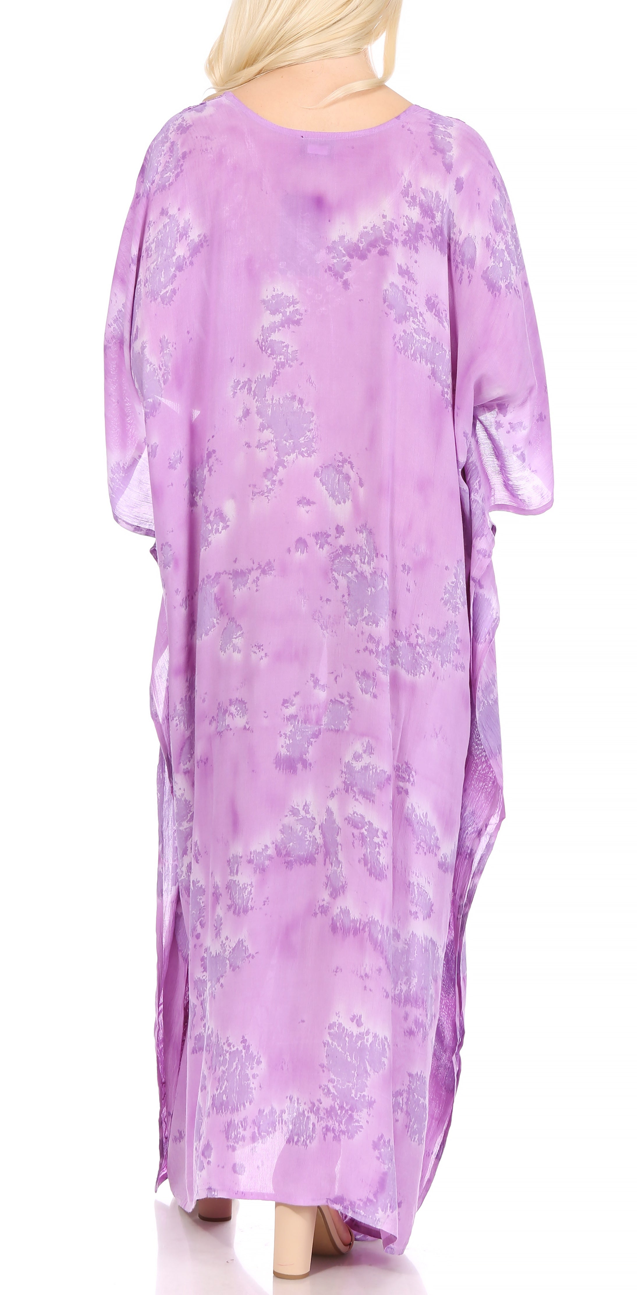 Purple floral dress worn by a model on a white background