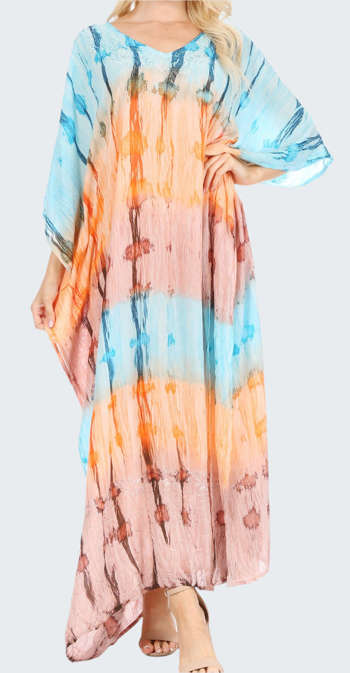 Colorful tie-dye dress with a pattern on a white background