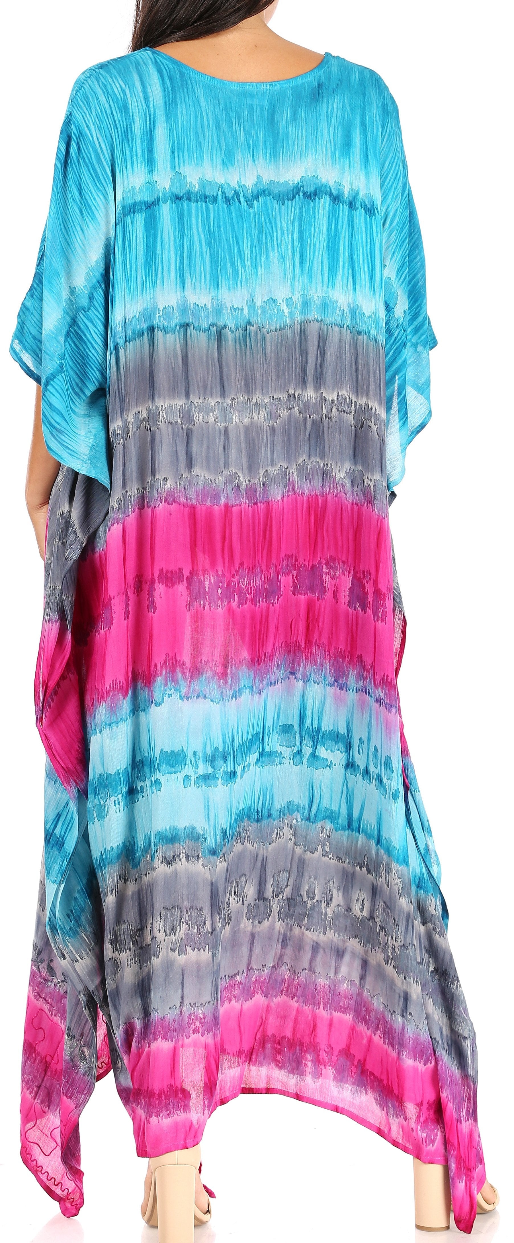 Tie-dye dress with blue, gray, and pink stripes on a plain background
