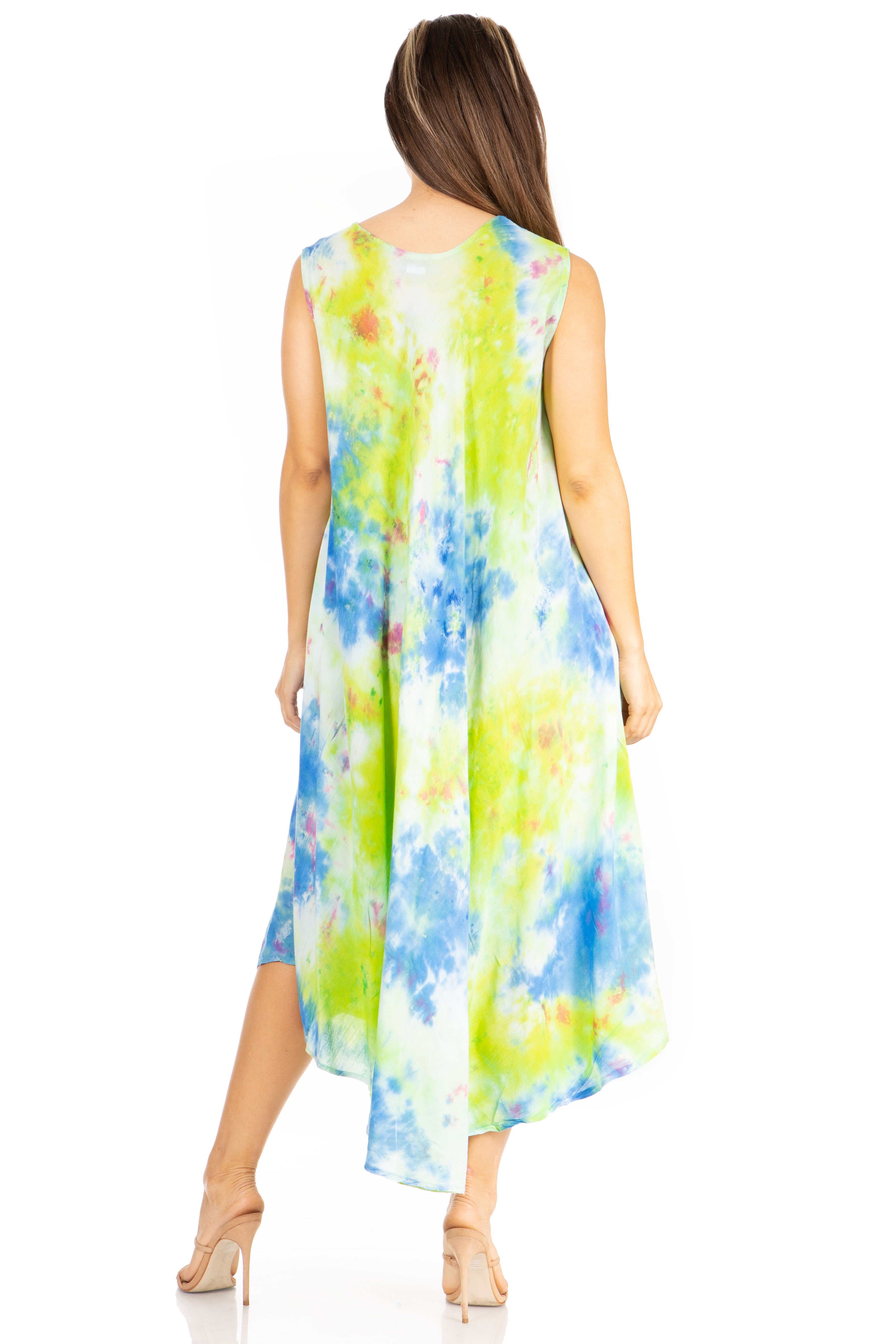 Woman wearing a colorful tie-dye dress on a white background