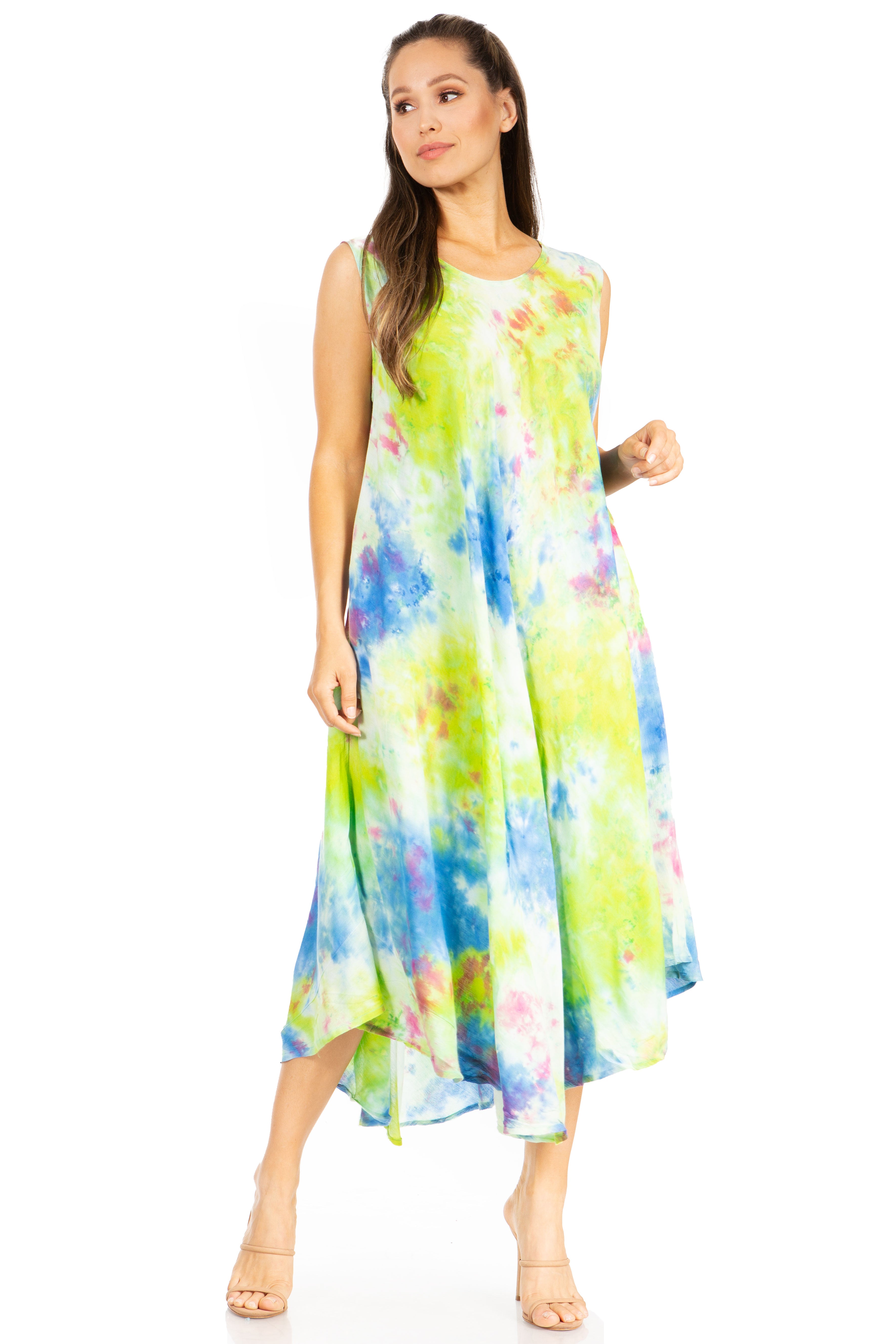 Woman wearing a colorful sleeveless dress on a white background