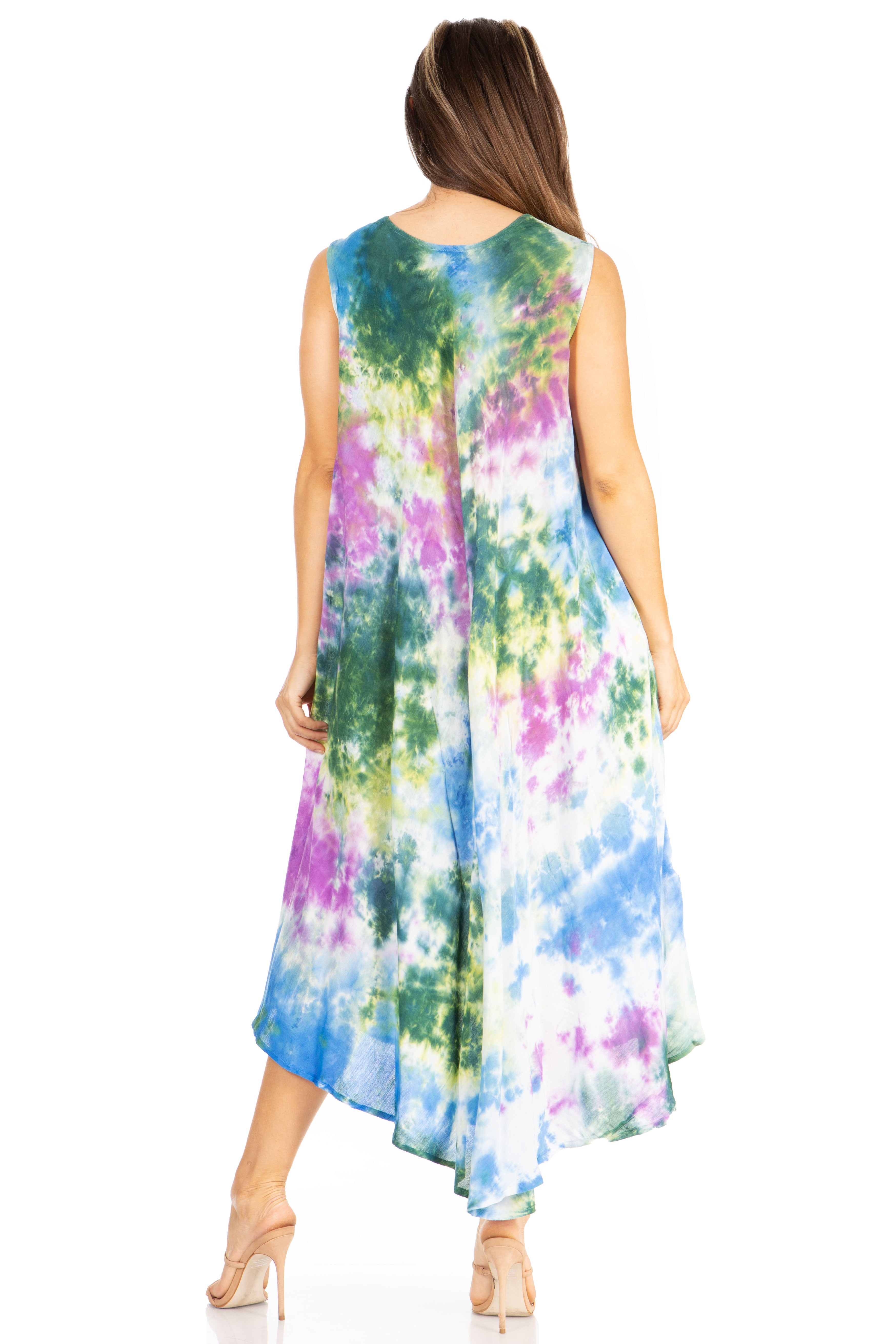 Woman wearing a colorful tie-dye dress on a white background