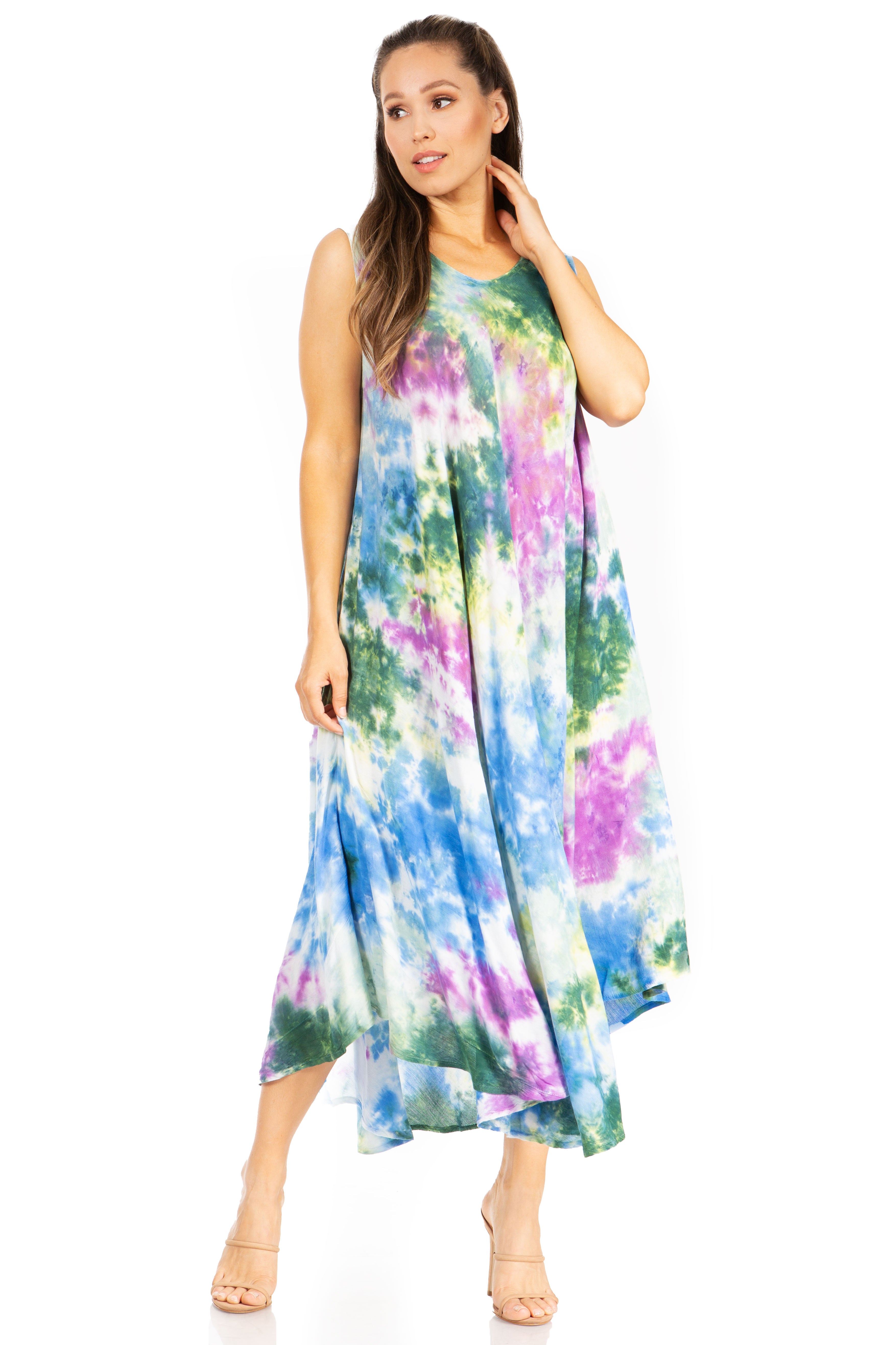 Woman wearing a tie-dye dress on a white background