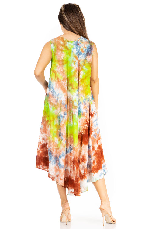 Woman wearing a colorful tie-dye dress on a white background