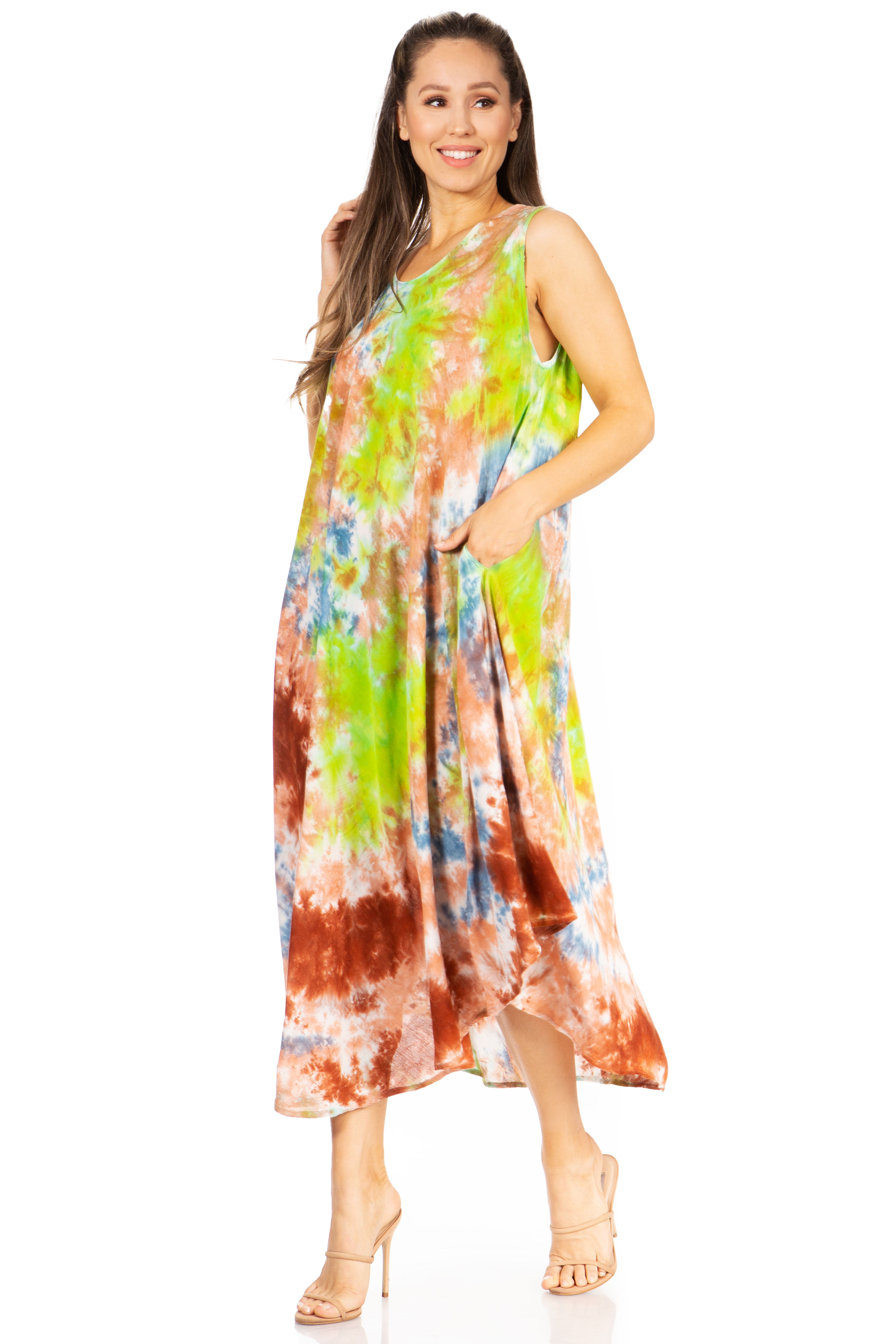 Woman wearing a tie-dye dress on a white background