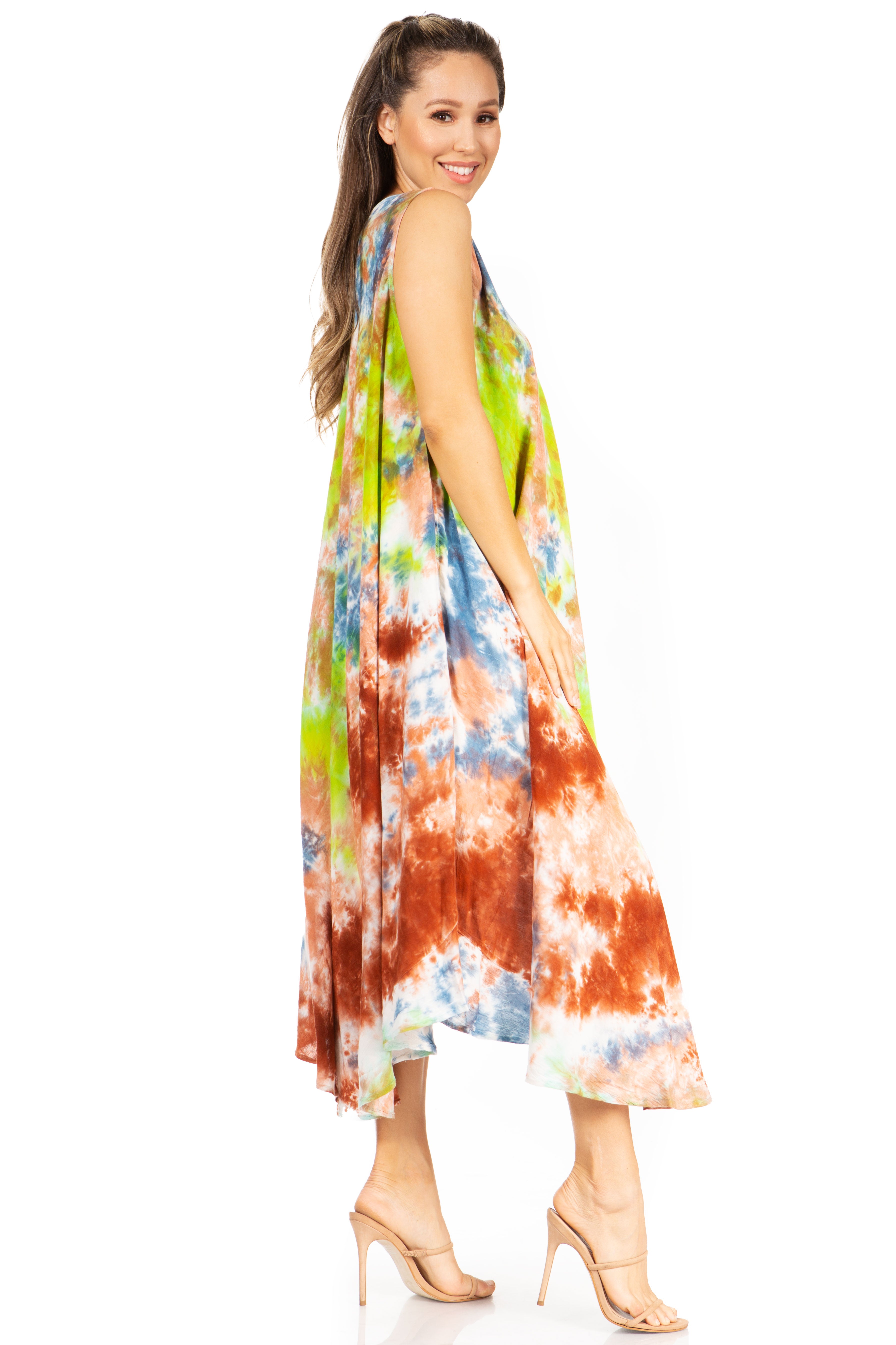 Woman wearing a colorful tie-dye dress on a white background