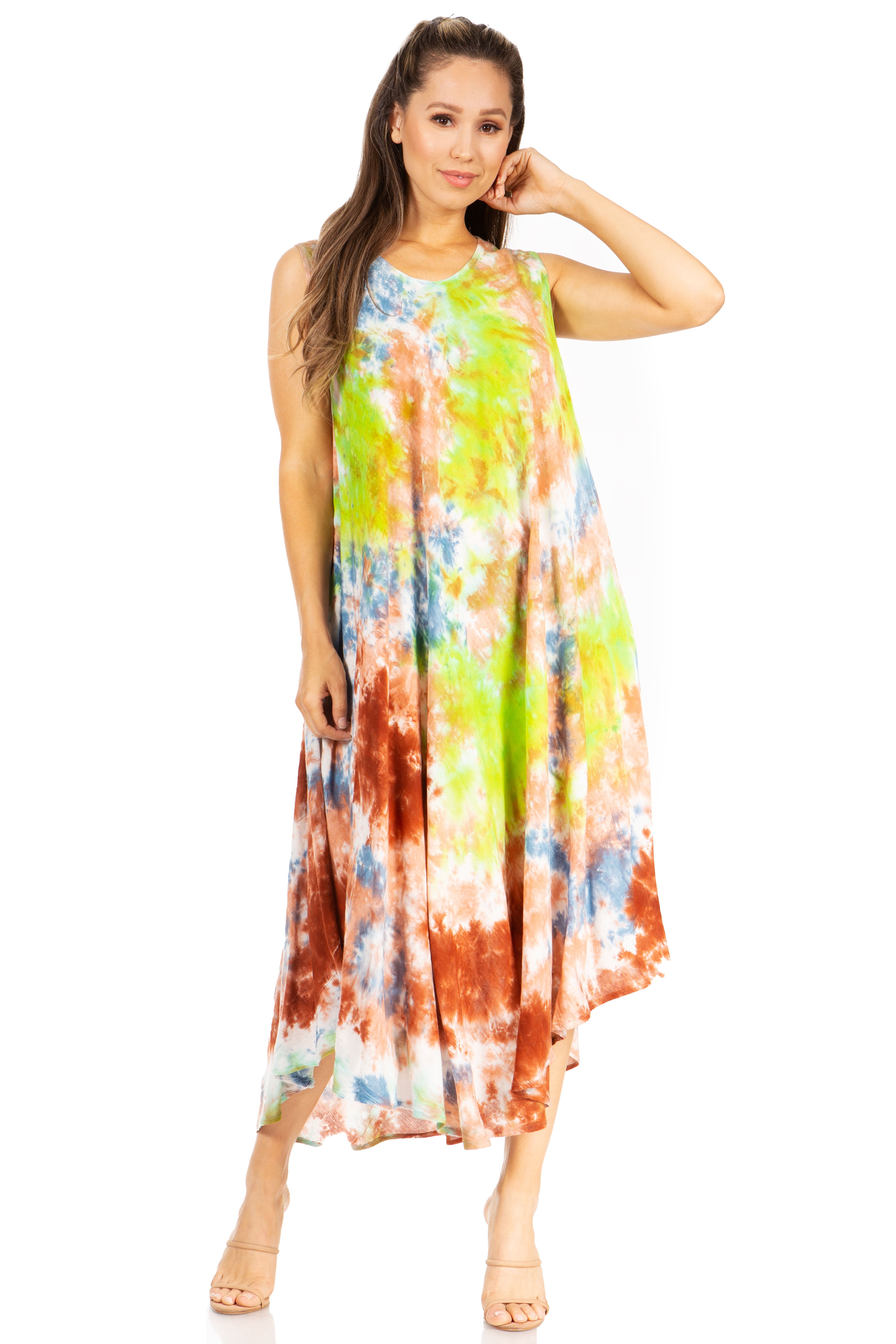 Woman wearing a tie-dye dress on a white background
