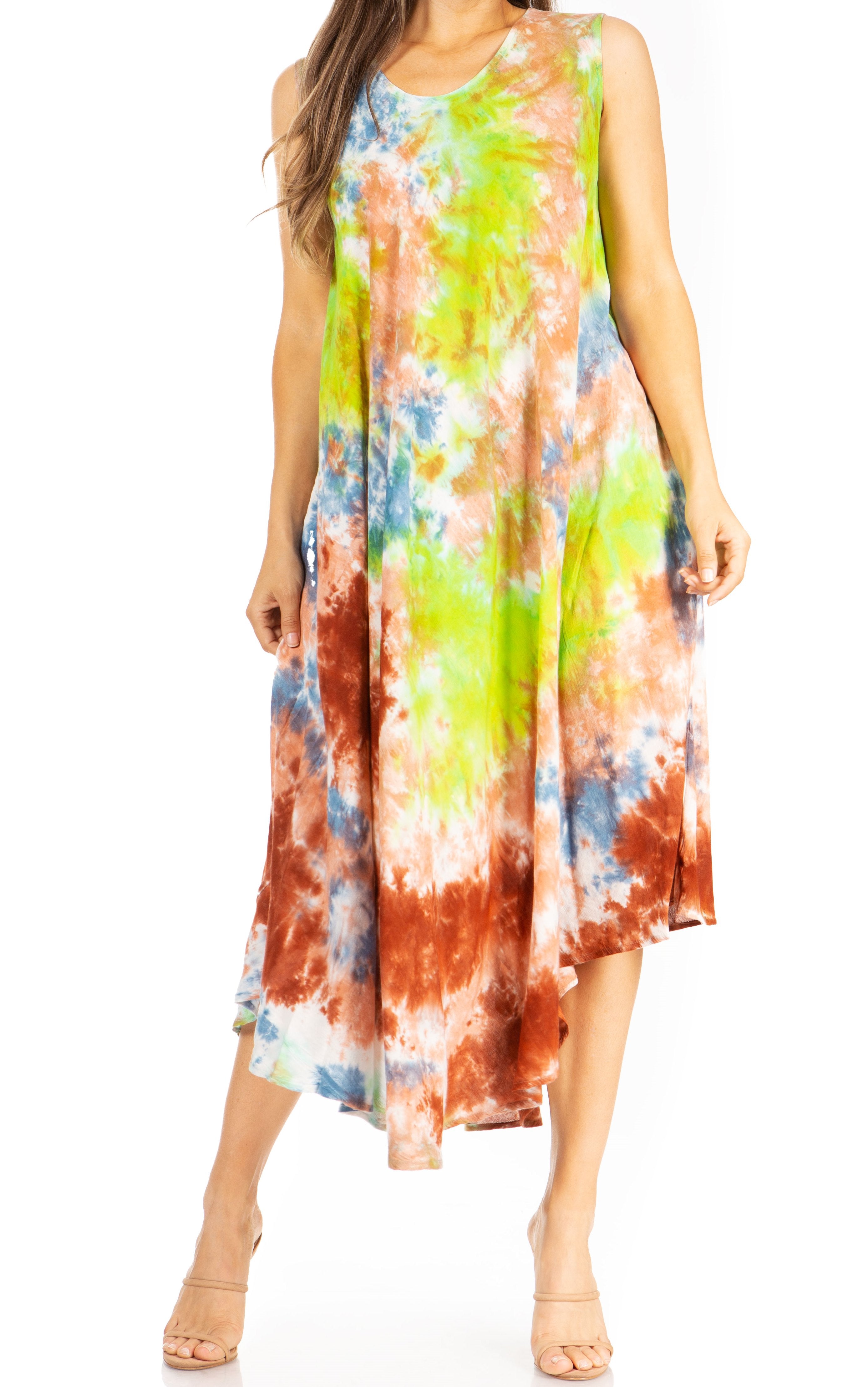 Woman wearing a tie-dye dress with a colorful pattern on a white background