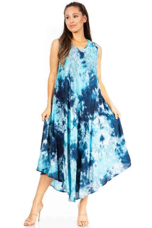 Woman wearing a blue tie-dye dress on a white background