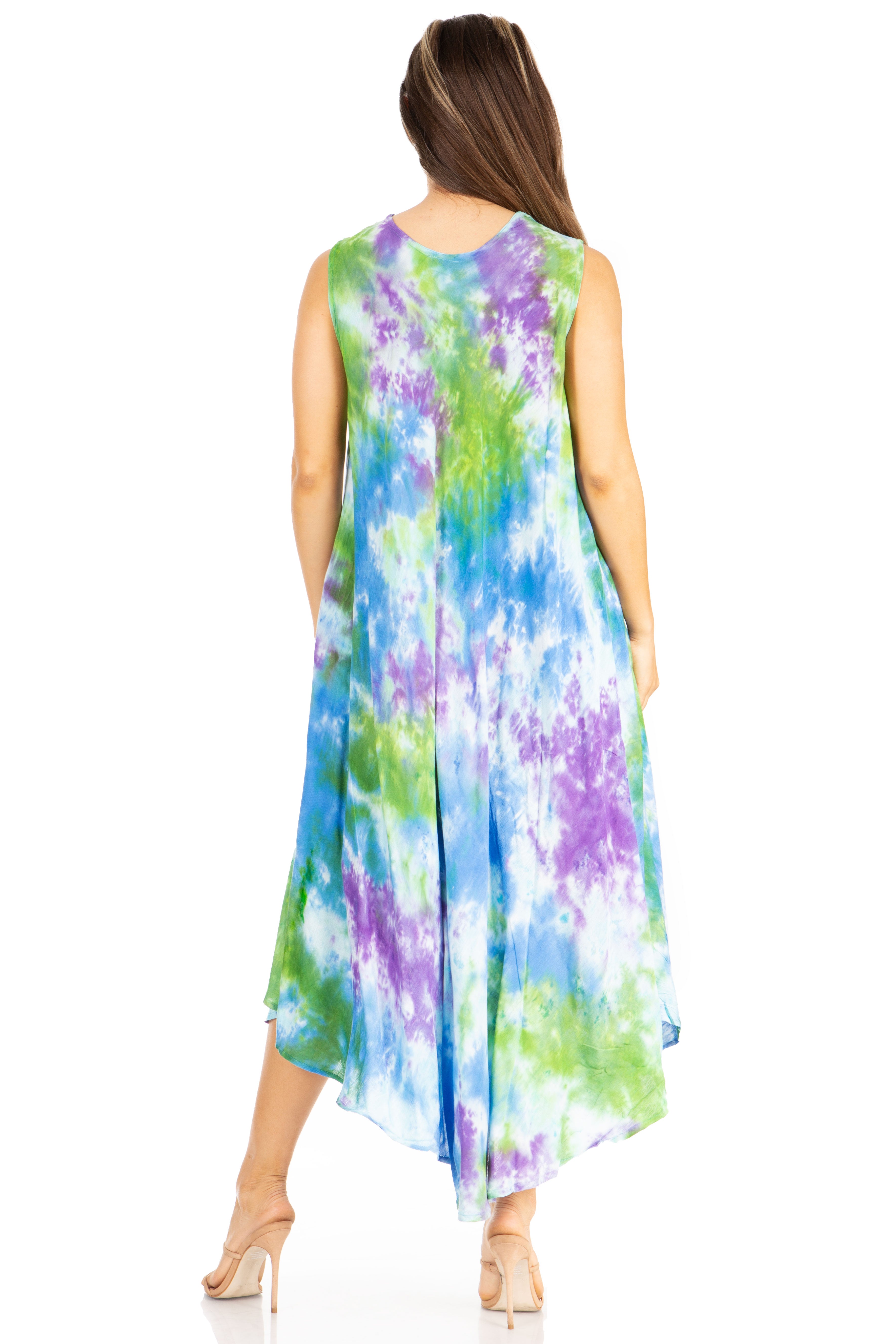 Woman wearing a colorful tie-dye dress on a white background