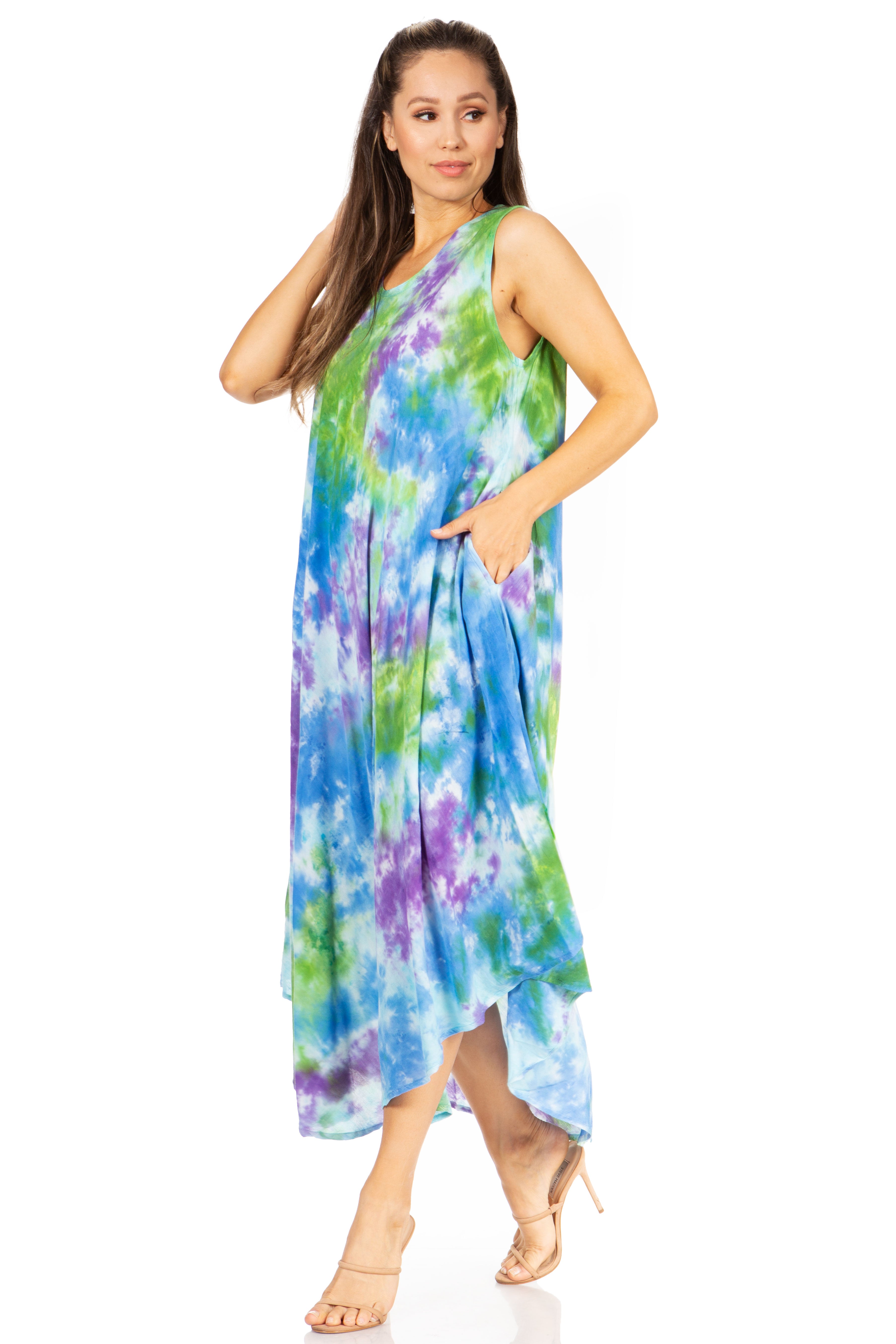 Woman wearing a colorful tie-dye dress on a white background