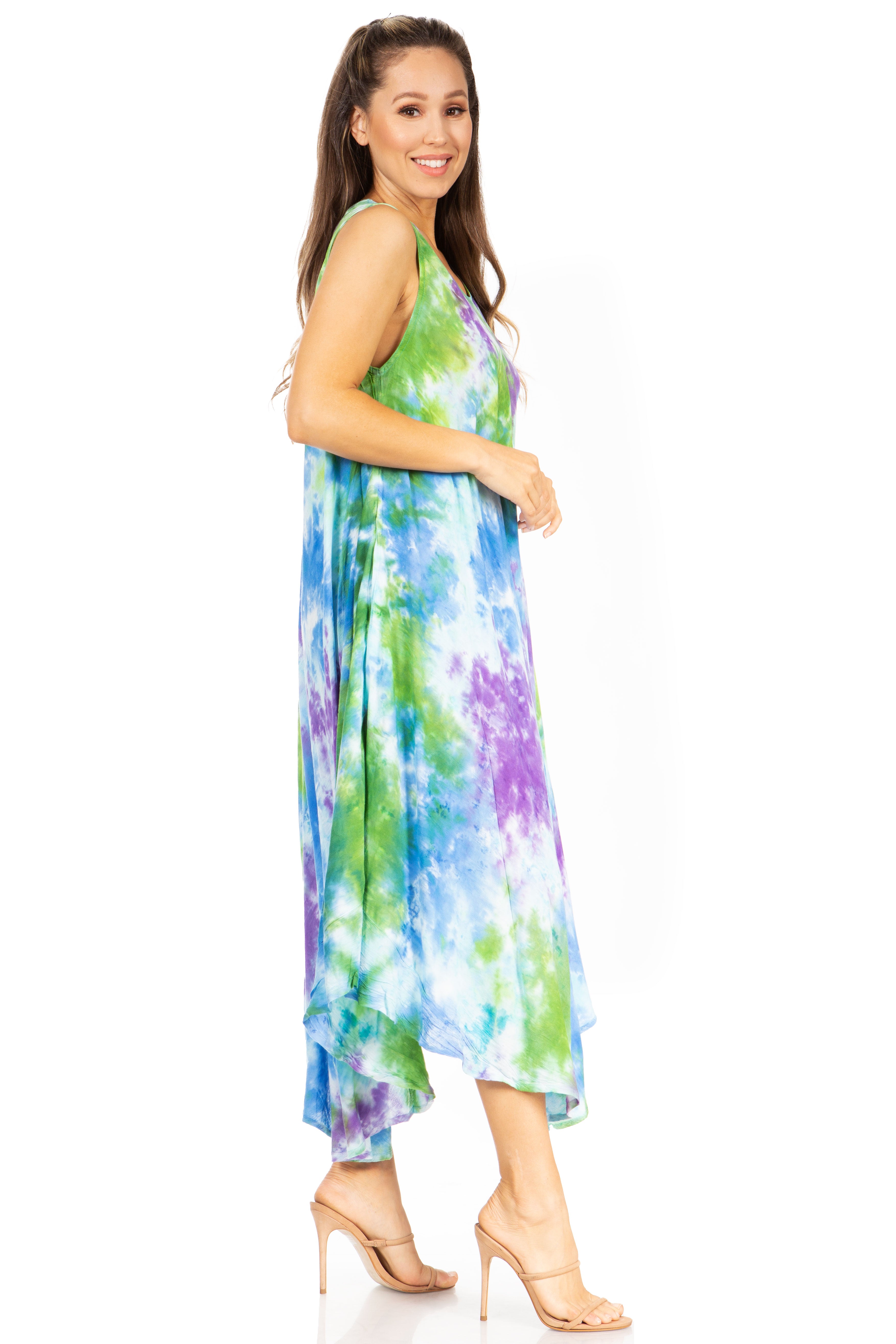 Woman wearing a colorful tie-dye dress on a white background