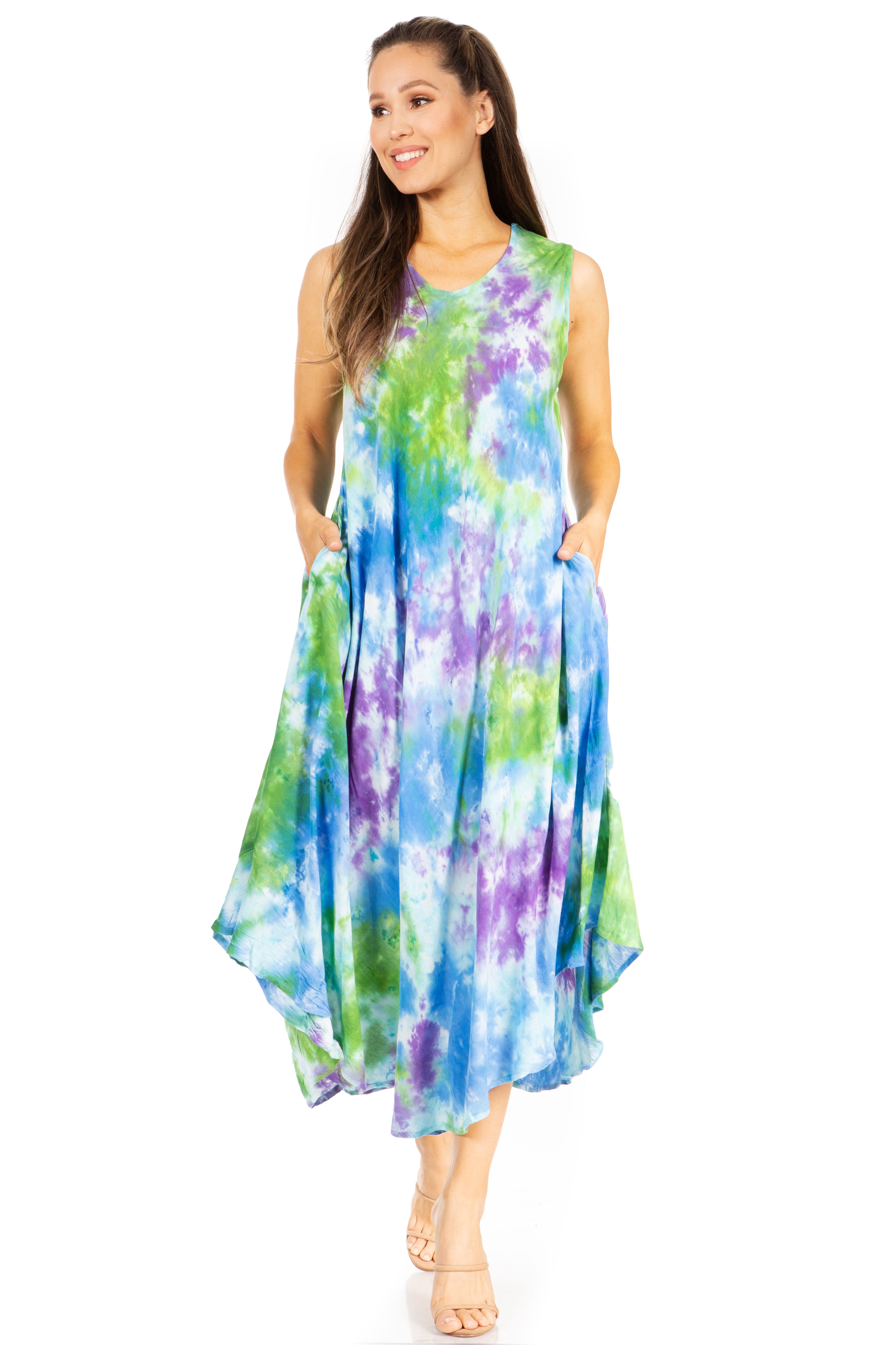 Woman wearing a colorful floral dress on a white background