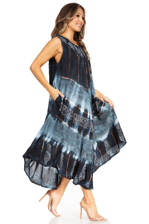 Woman wearing a sleeveless, patterned dress on a white background