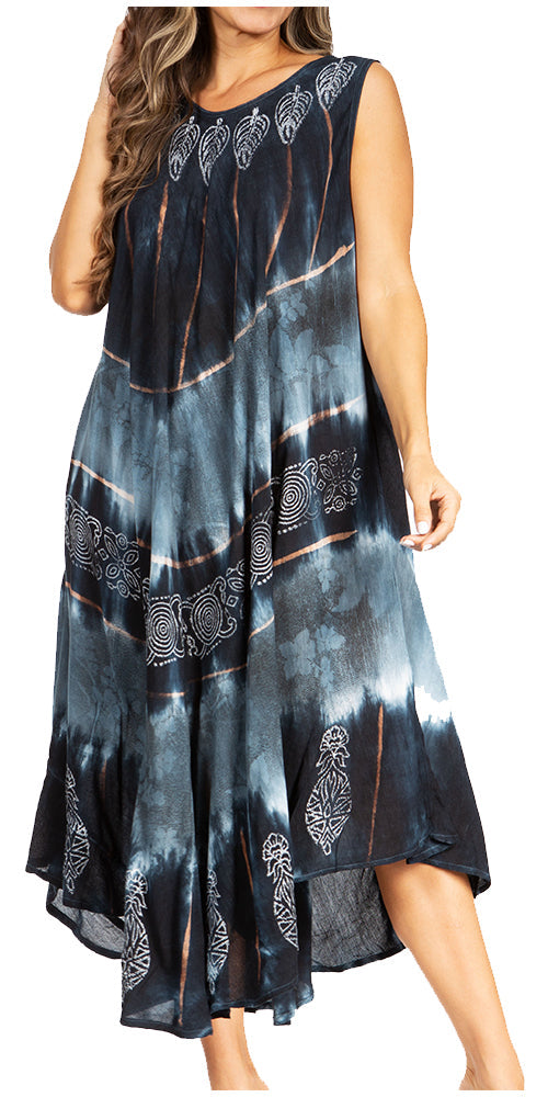 Woman wearing a sleeveless dress with tie-dye pattern on a white background