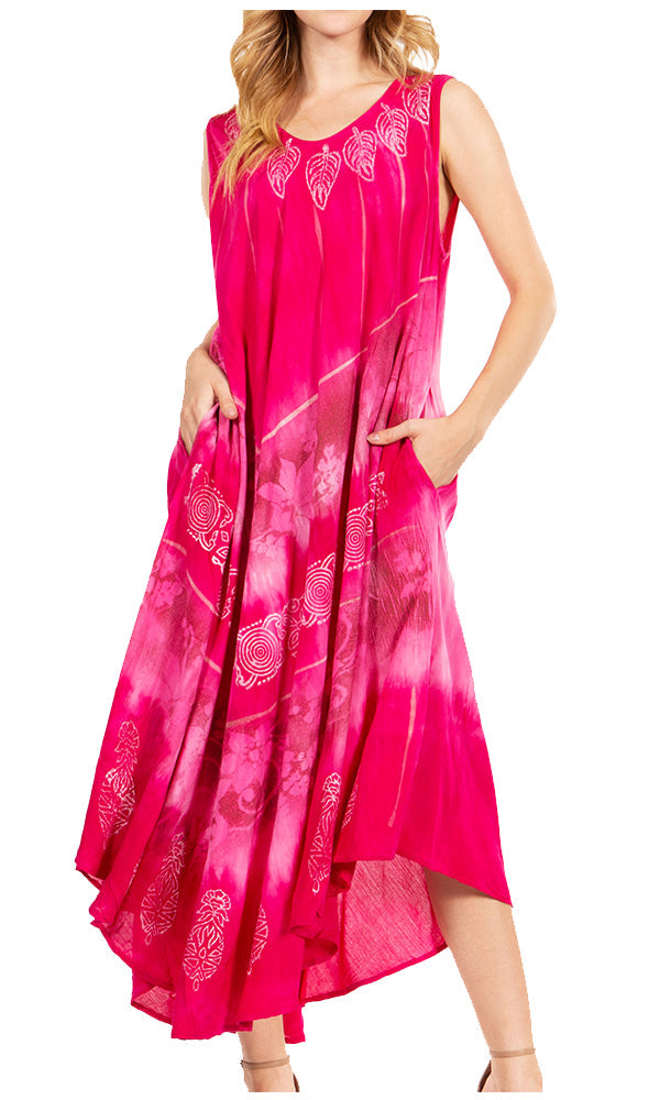 Woman wearing a bright pink dress with white patterns on a white background