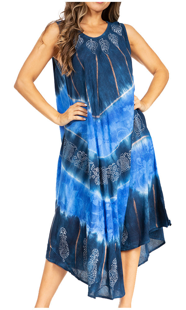 Blue tie-dye dress with intricate patterns on a white background