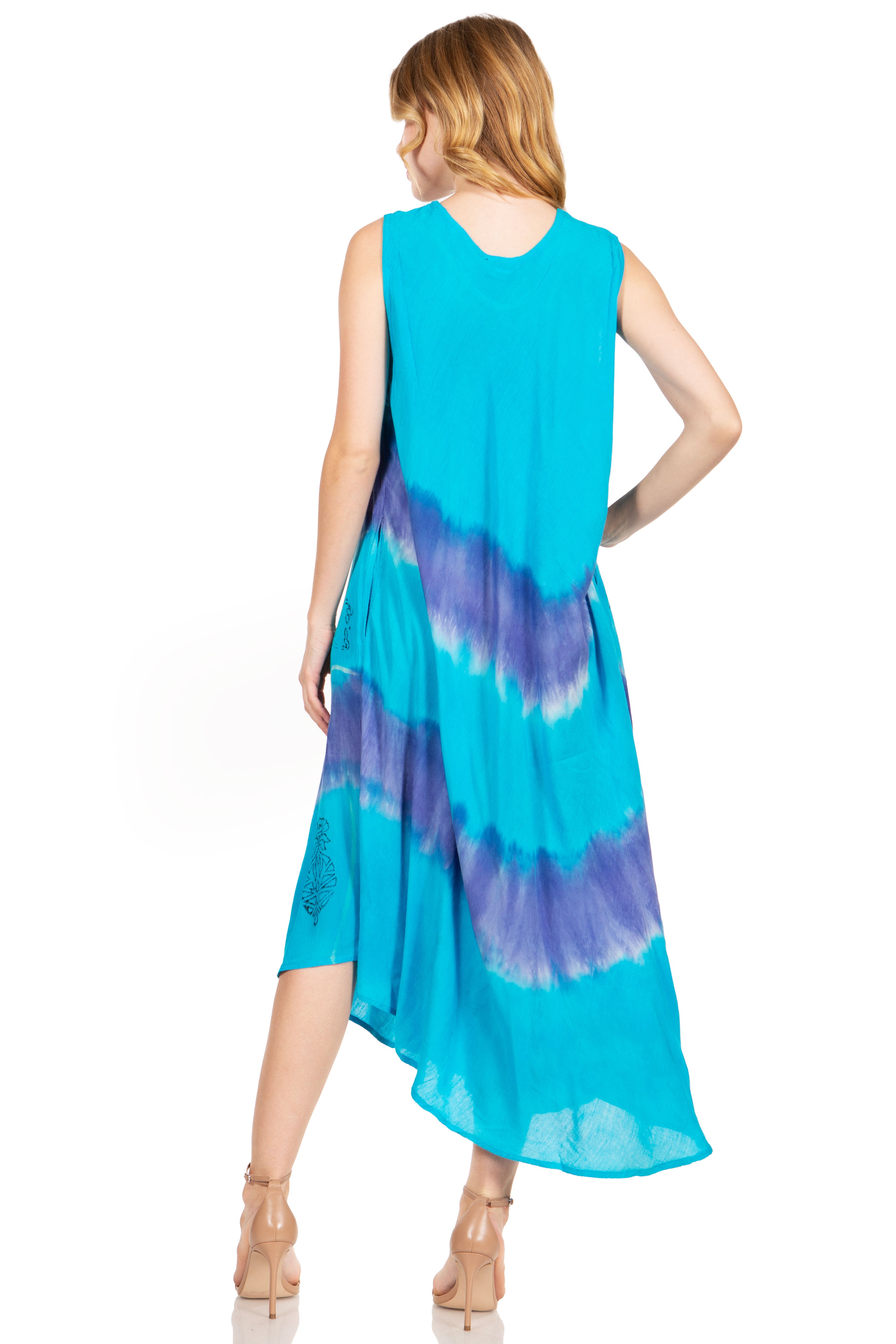 Woman wearing a blue and purple tie-dye dress on a white background