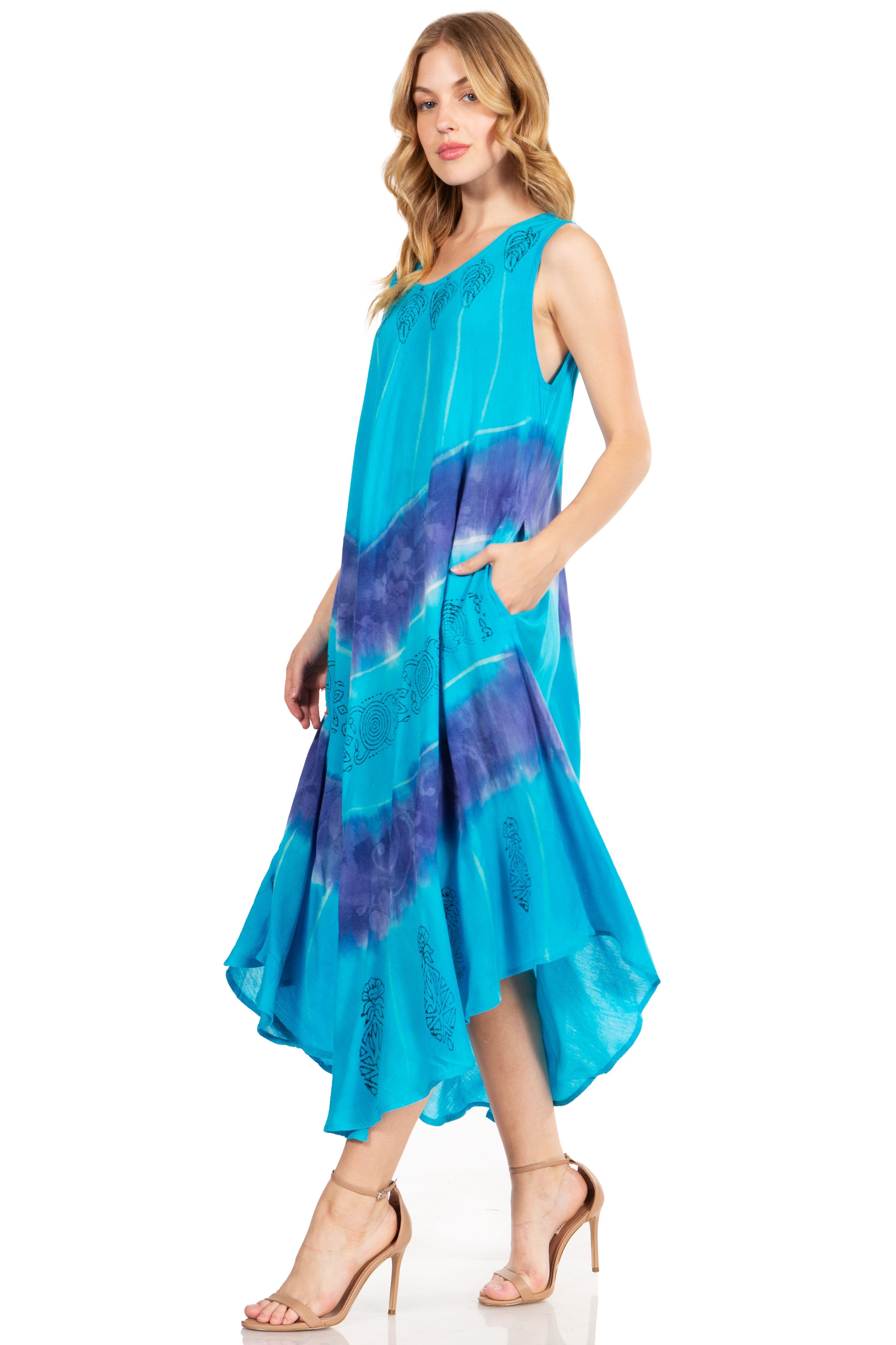 Woman wearing a blue and purple dress on a white background