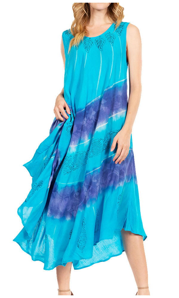 Woman wearing a blue and purple tie-dye dress on a white background