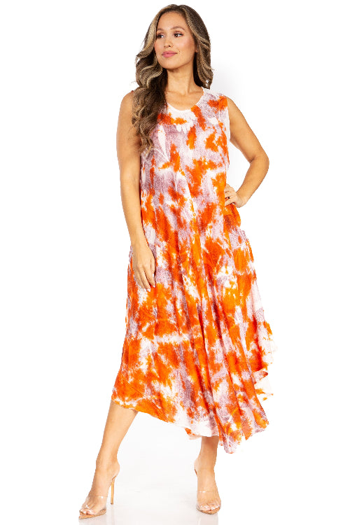 Woman wearing a tie-dye dress with orange and white pattern on a white background