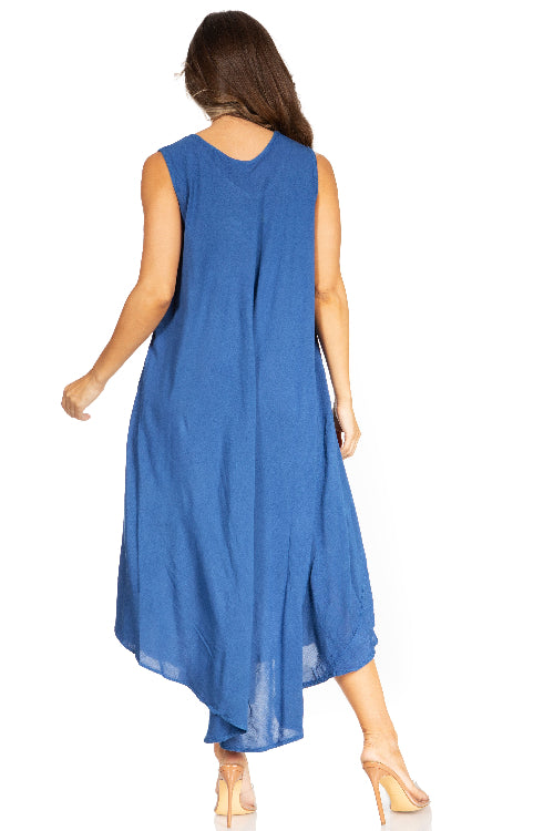 Woman wearing a blue sleeveless dress on a white background
