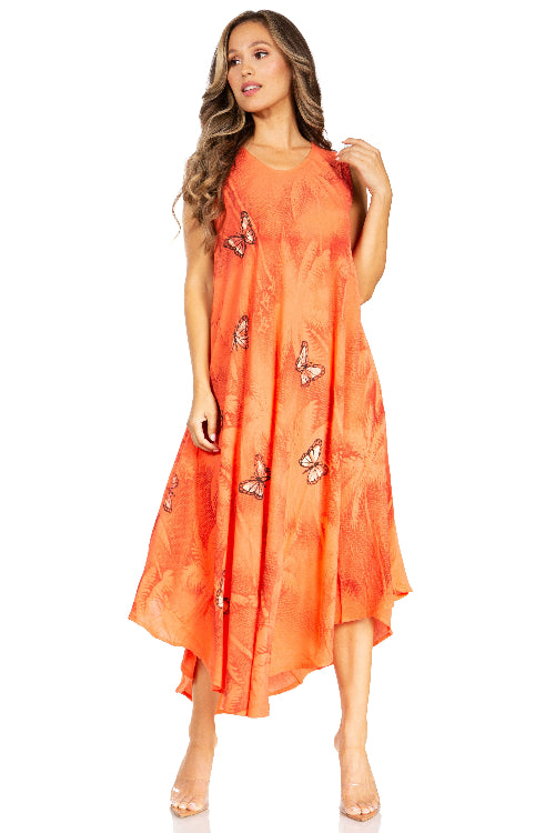Woman wearing an orange dress with butterfly patterns on a white background