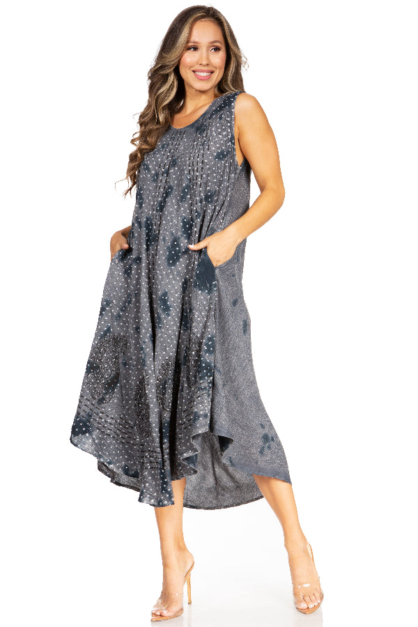 Woman wearing a gray floral dress on a white background