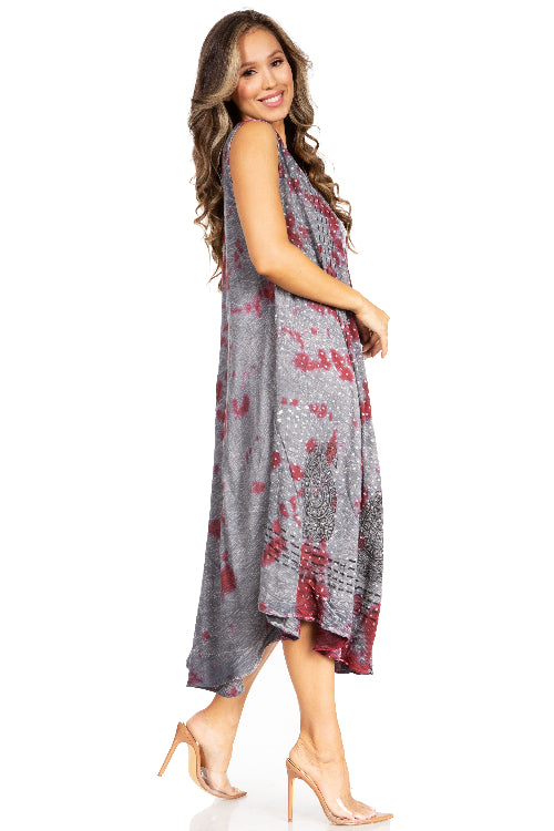 Woman wearing a gray dress with red floral pattern on a white background