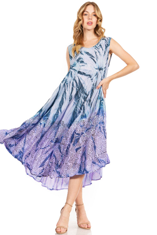 Woman wearing a blue and purple patterned dress on a white background