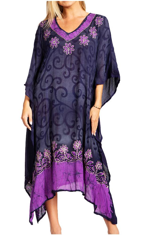 Purple and black dress with floral patterns on a white background