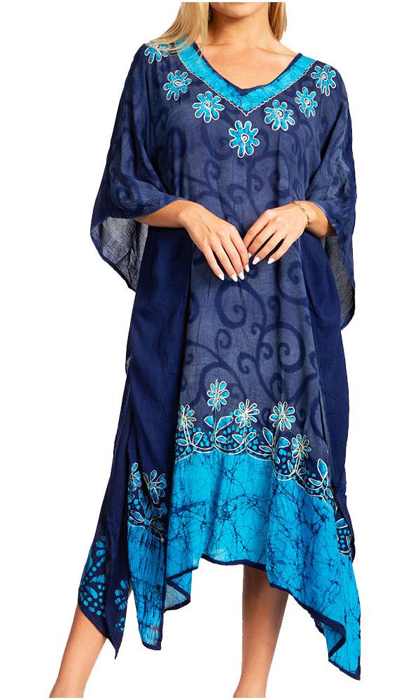 Navy blue dress with floral embroidery on a white background