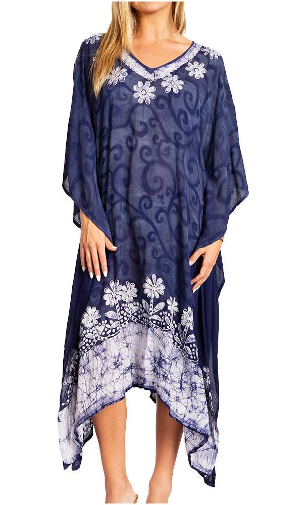 Navy blue dress with white floral patterns on a white background