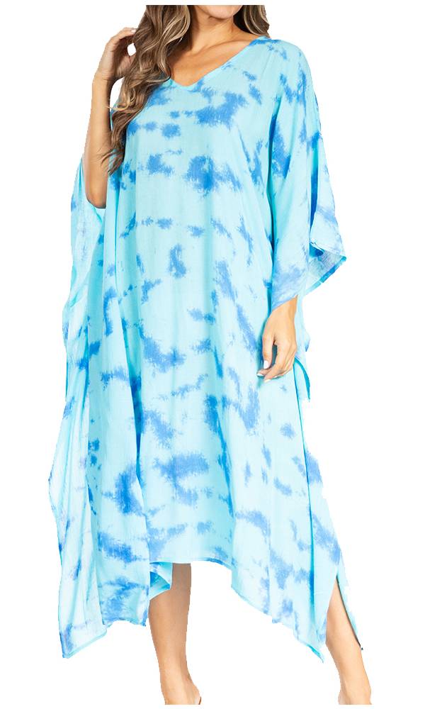 Blue tie-dye dress worn by a model on a white background