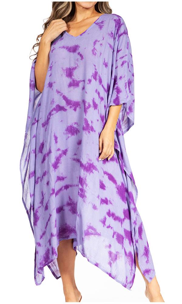 Woman wearing a purple tie-dye dress on a white background
