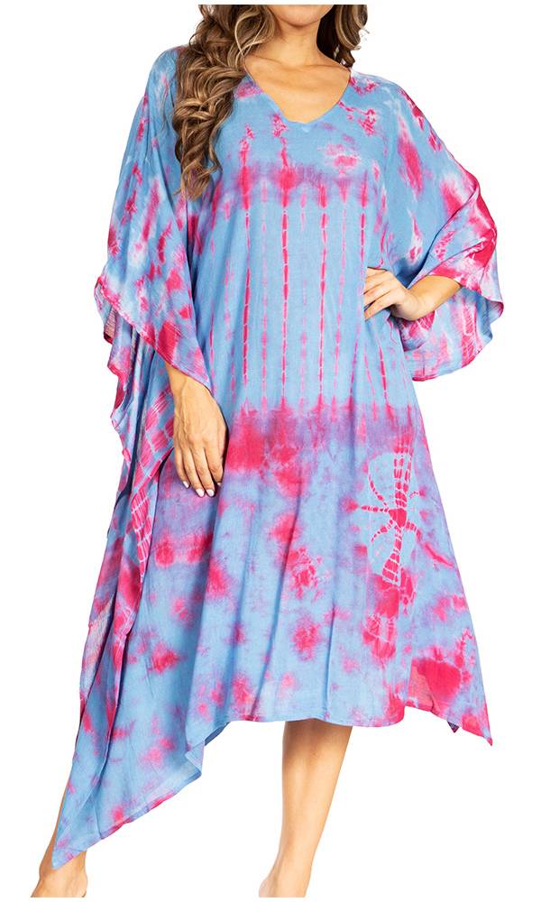 Woman wearing a blue and pink tie-dye dress on a white background