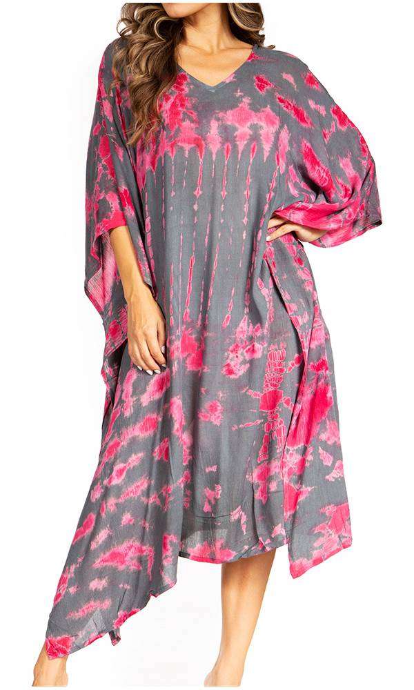 Woman wearing a gray and pink tie-dye dress on a white background