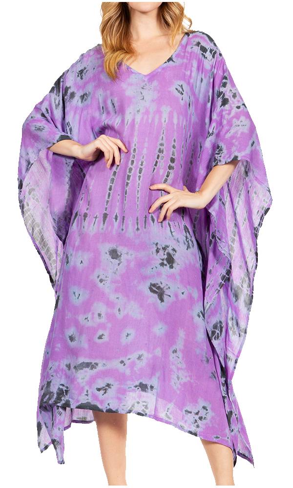 Purple floral caftan worn by a model on a white background