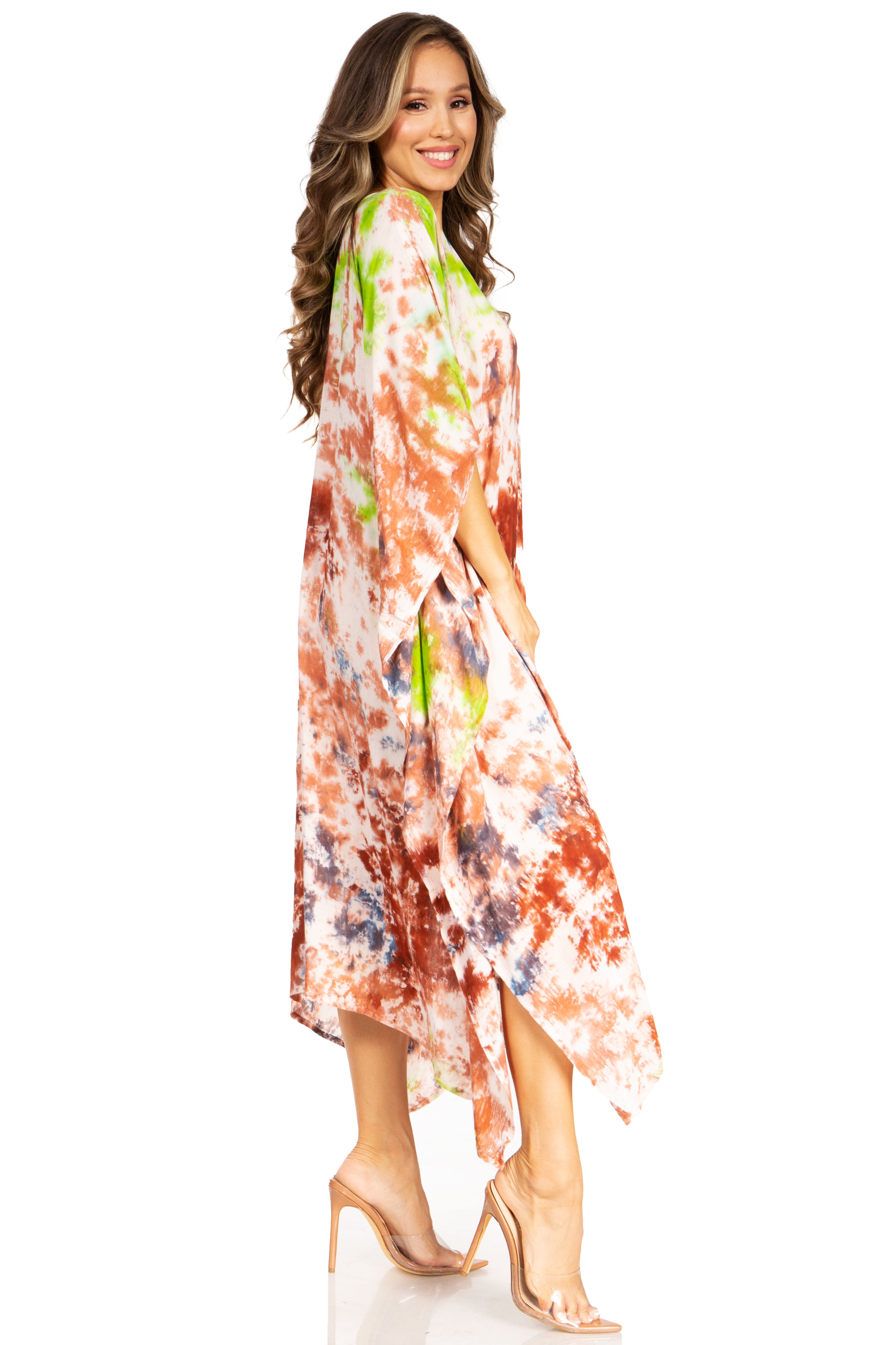Woman wearing a colorful dress with a white background