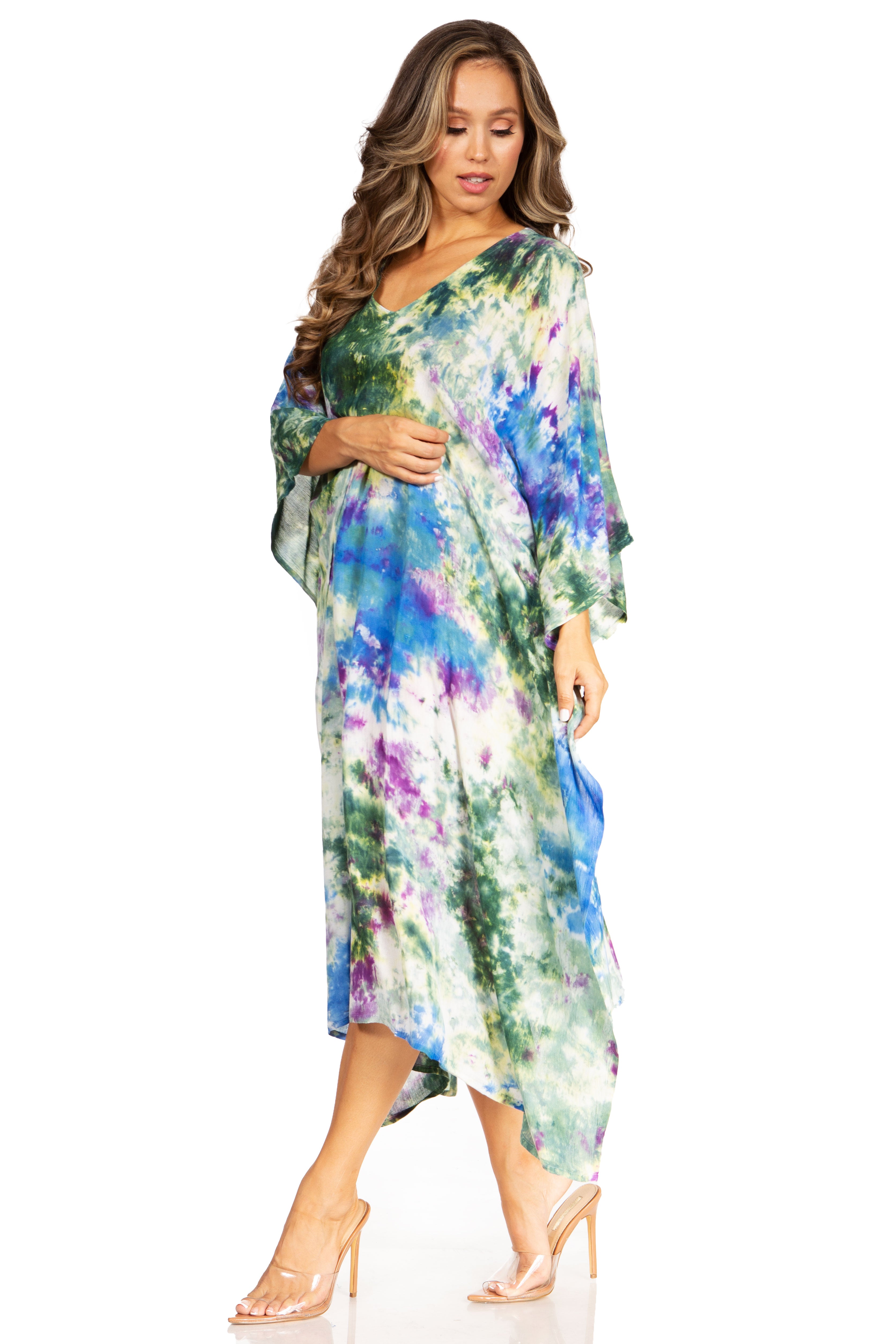 Woman wearing a colorful dress with a white background