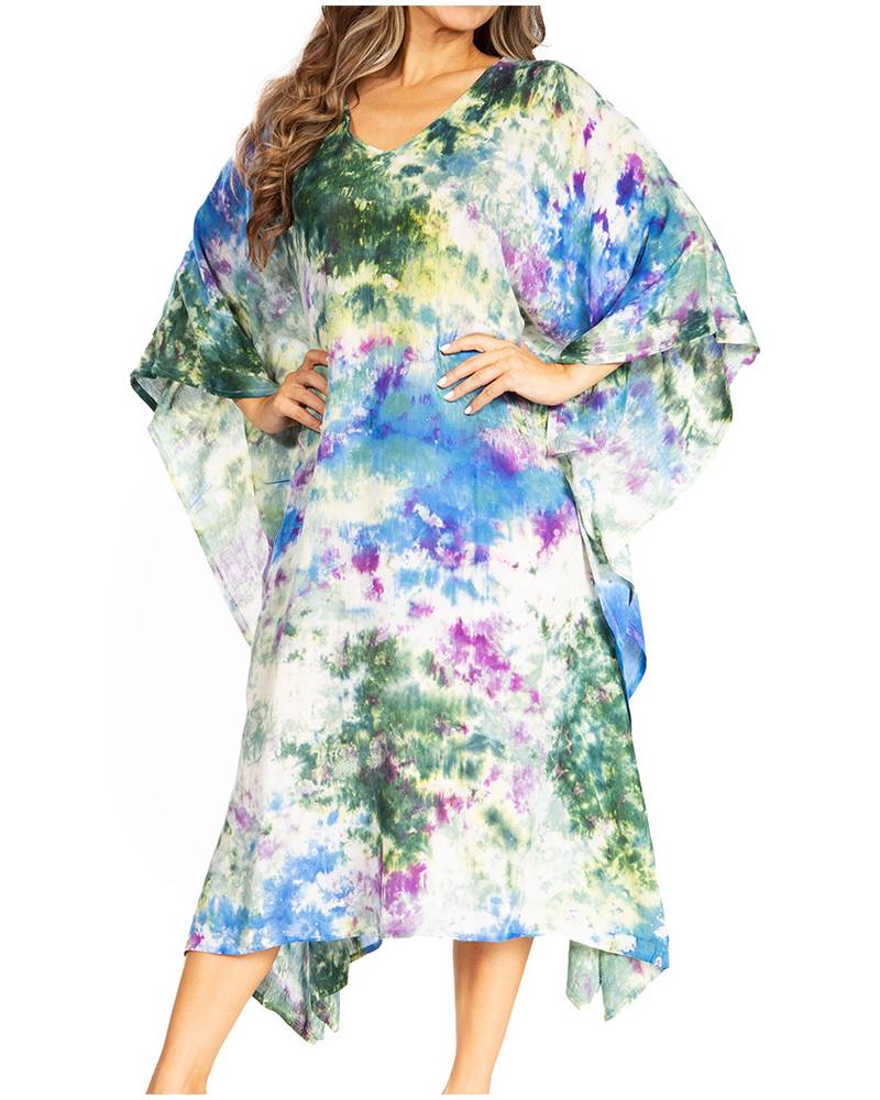 Multicolored floral dress worn by a model on a white background