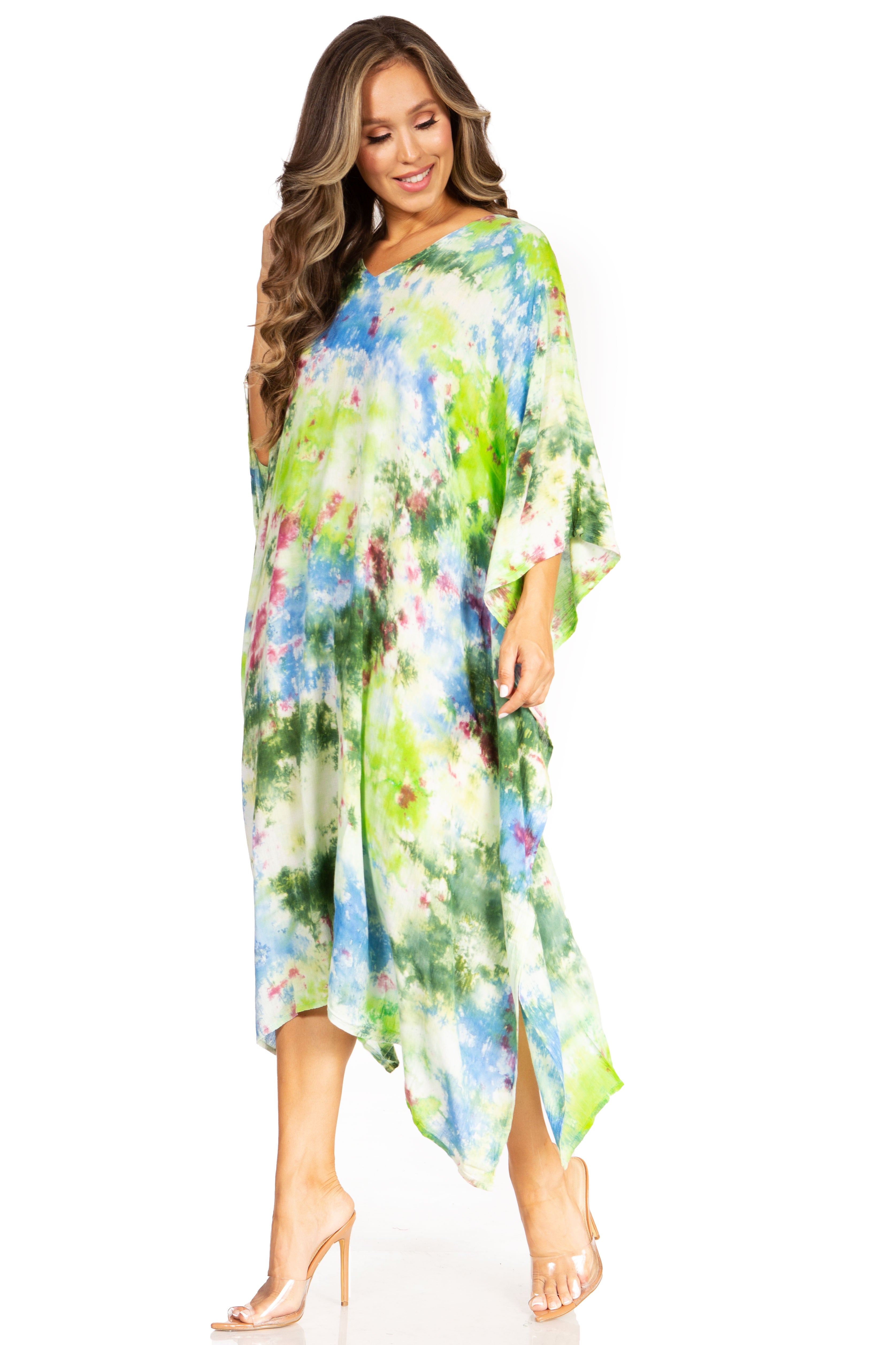 Woman wearing a colorful floral dress on a white background